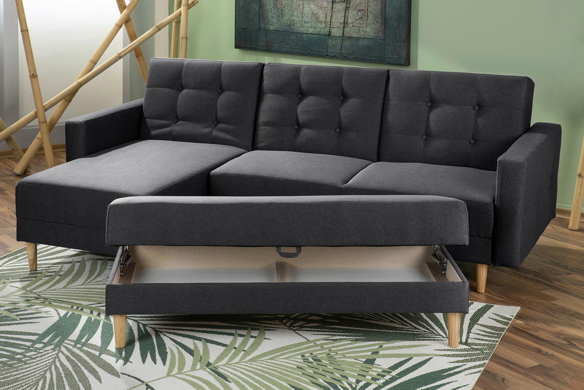 ECKSCHLAFSOFA inkl. Hocker  mit Schlafen auf Sitzhöhe Flachgewebe Graphitfarben  - Eschefarben/Graphitfarben, MODERN, Holz/Textil (223/152cm) - Max Winzer