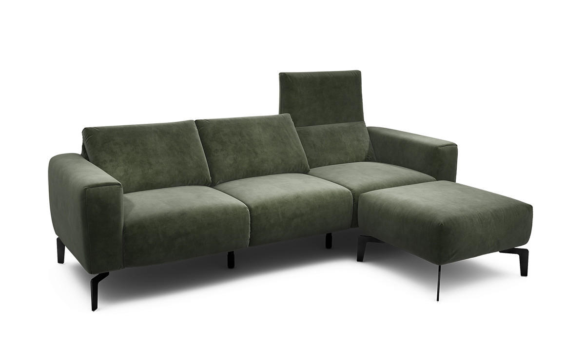 Dreisitzer inkl. Hocker Samt Waldgrün  - Waldgrün/Schwarz, Design, Textil/Metall (250/86/86-94cm) - SENSOO