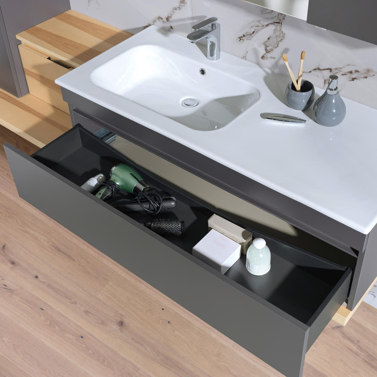 BADEZIMMER  in 207 cm  - Graubraun/Eschefarben, MODERN, Glas/Holz (207cm) - Novel