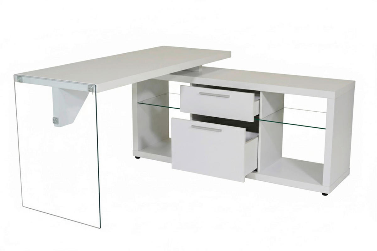 ECKSCHREIBTISCH 141,8/140/74 cm Weiß Stauraum, seitenverkehrt montierbar  - Alufarben/Weiß, Design, Glas/Holzwerkstoff (141,8/140/74cm) - MID.YOU