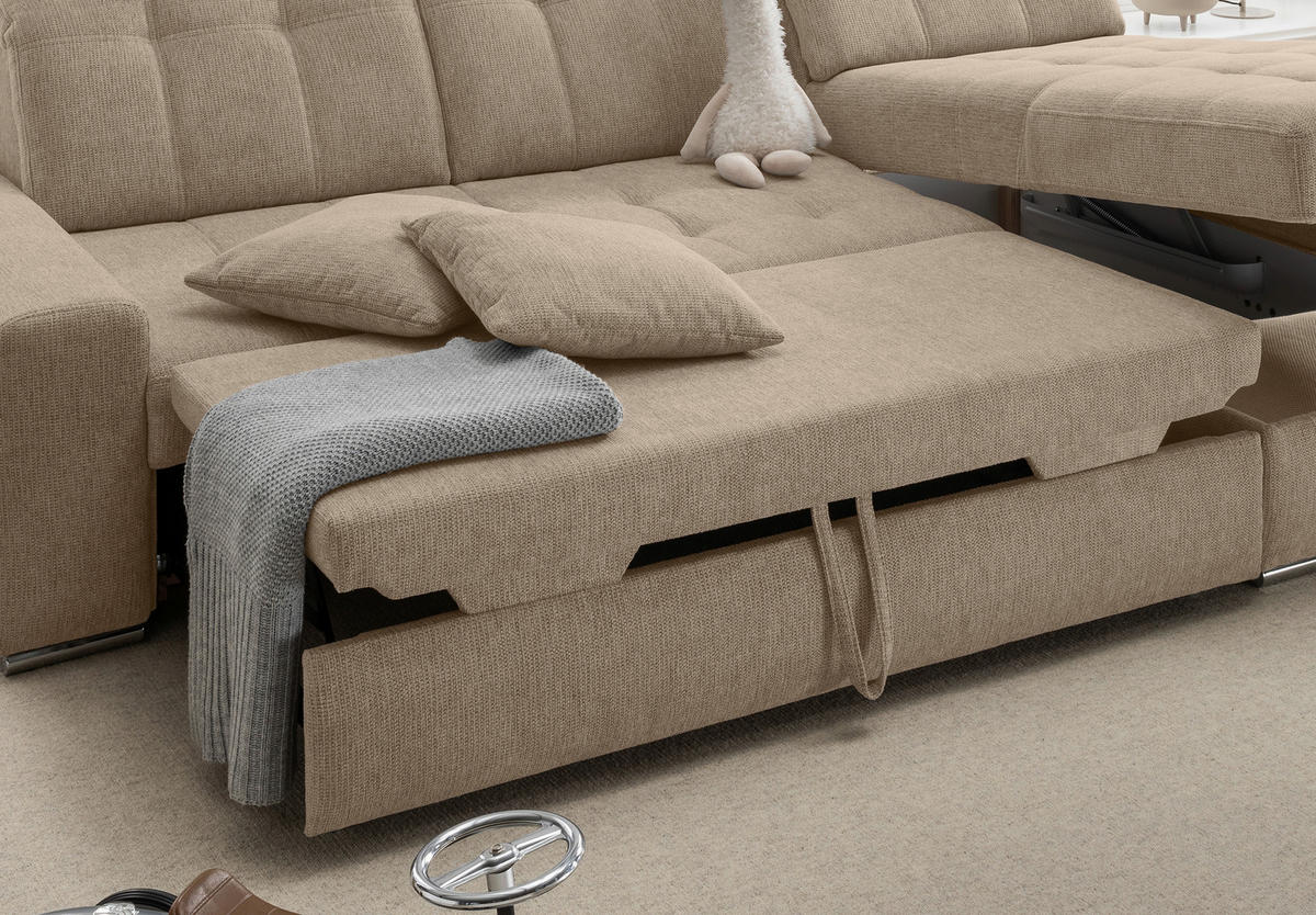 ECKSOFA Chenille Hellbraun  - Chromfarben/Hellbraun, Konventionell, Textil/Metall (283/186cm) - Livetastic