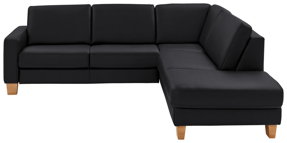 ECKSOFA in Echtleder Schwarz  - Eiche Bianco/Schwarz, Konventionell, Leder/Holz (257/235cm) - Valdera