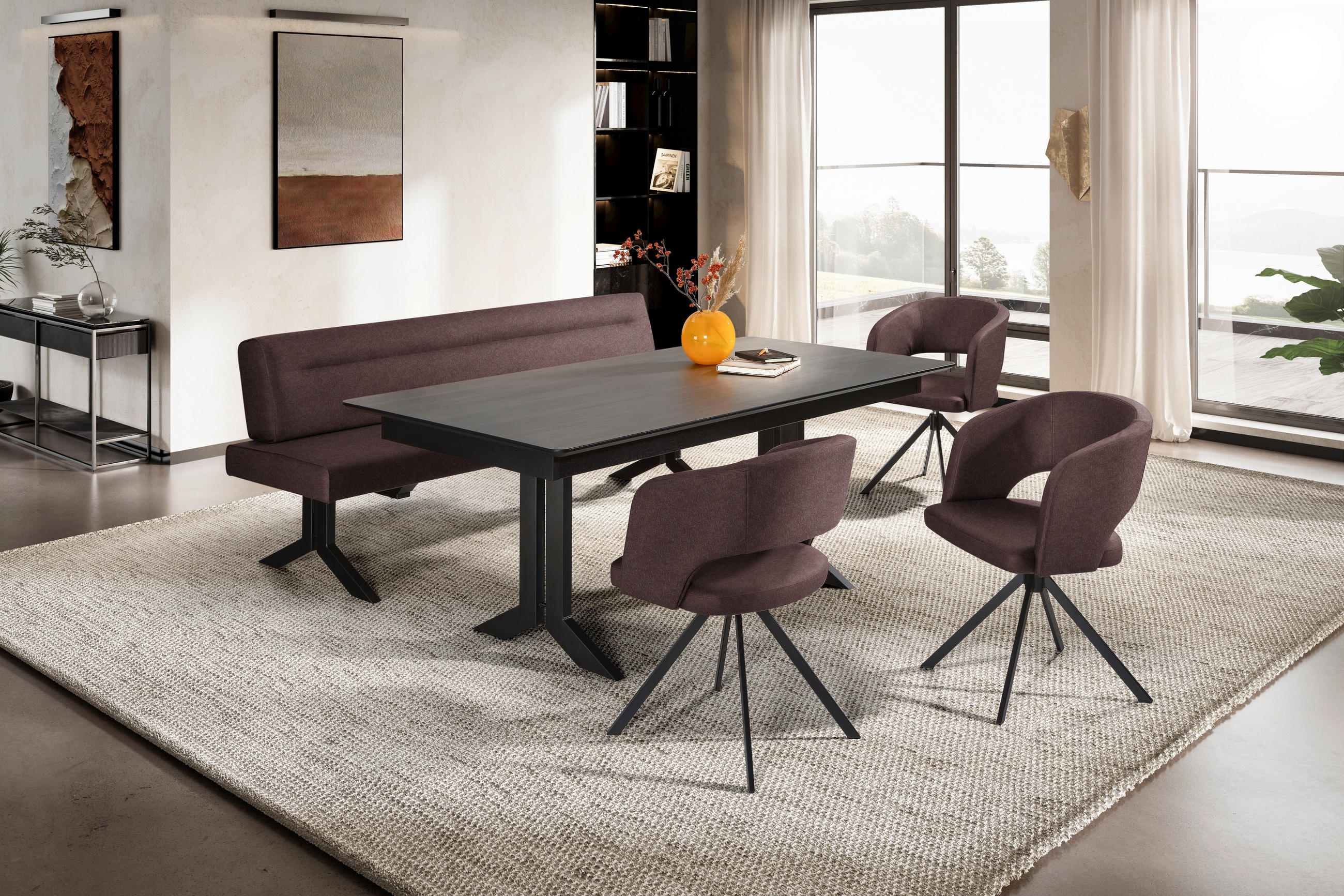 SITZBANK 220/87/70 cm Lederlook (vegan) Dunkelbraun Metall - Dunkelbraun/Schwarz, KONVENTIONELL, Textil/Metall (220/87/70cm) - Moderano