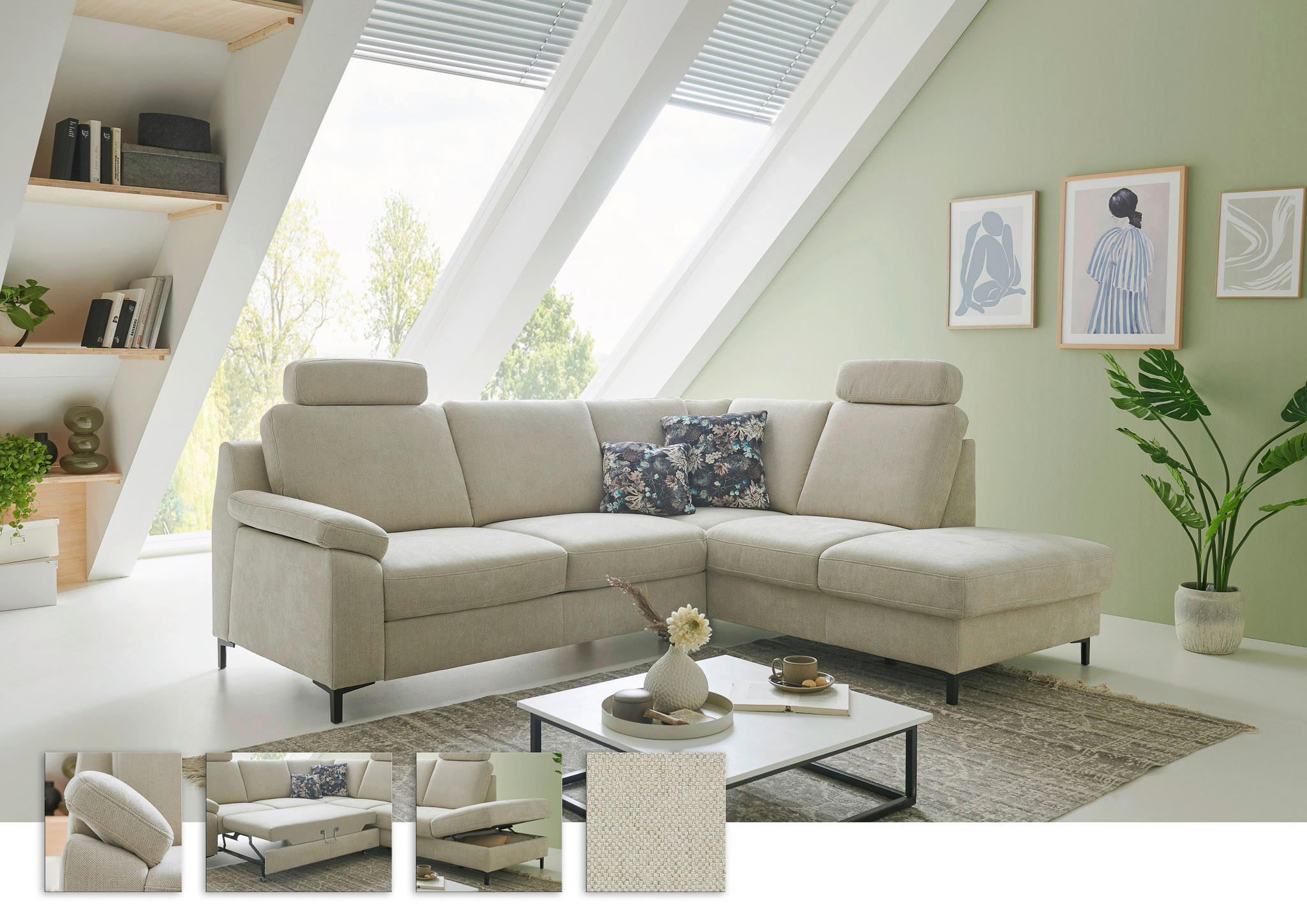 SJEDEĆA GARNITURA tekstil  bež   - bež/crna, Moderno, tekstil/metal (241/200cm) - Beldomo Style