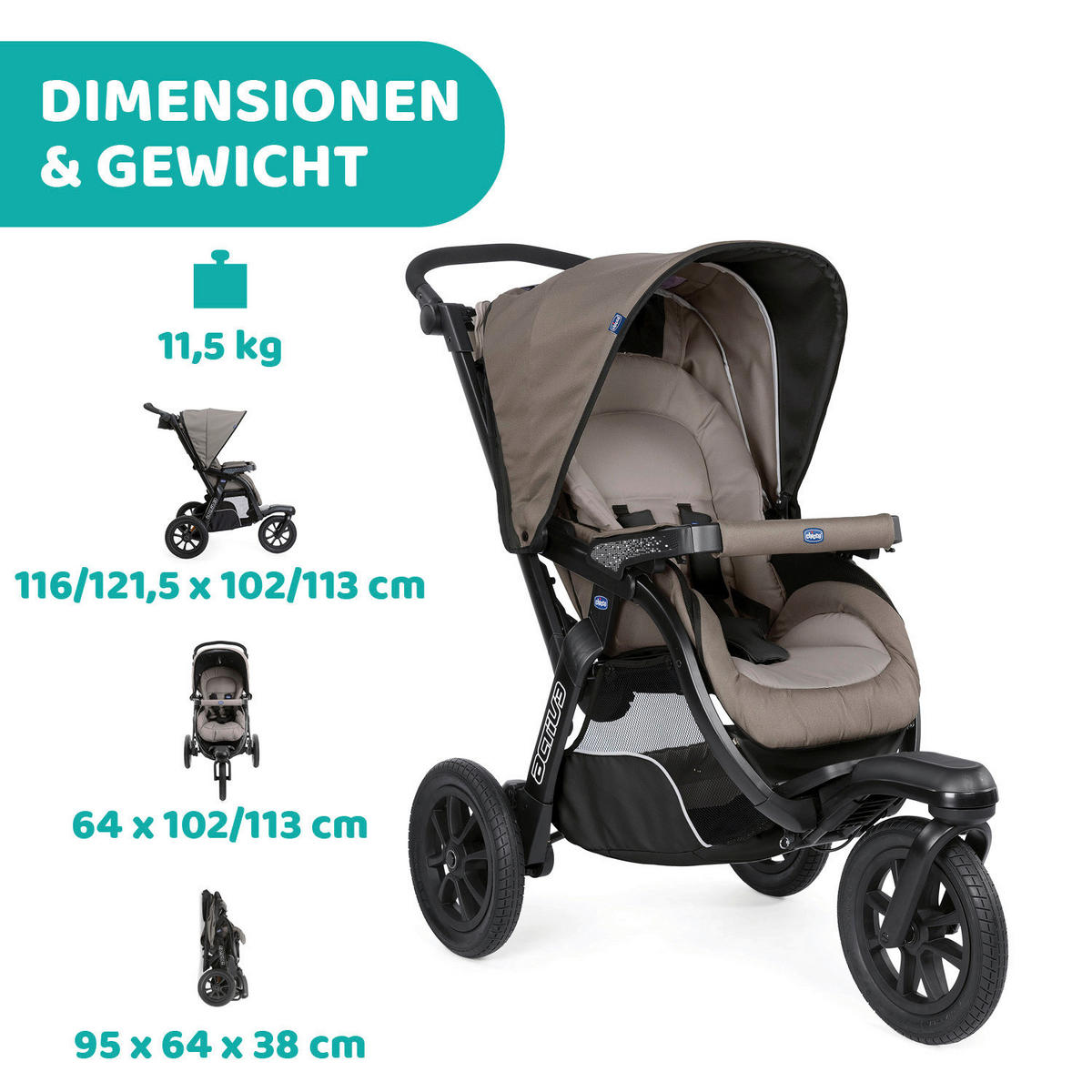 BUGGY ACTIV3  - Beige/Schwarz, Basics, Textil/Metall (64/116/121,5/102/113cm) - Chicco