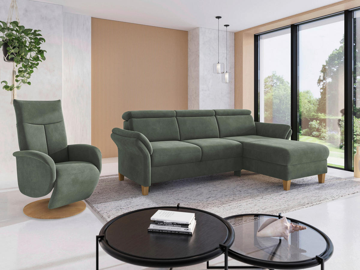 ECKSOFA GLENDALE E Dunkelgrün Flachgewebe  - Dunkelgrün/Eichefarben, KONVENTIONELL, Holz/Textil (253/166cm) - Sit & More