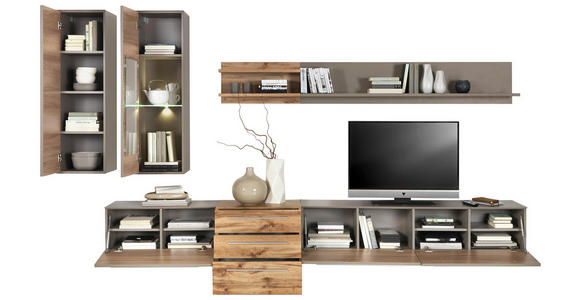 WOHNWAND in Eichefarben, Grau - Chromfarben/Eichefarben, Design, Glas/Holzwerkstoff (320/199/43cm) - Hom`in