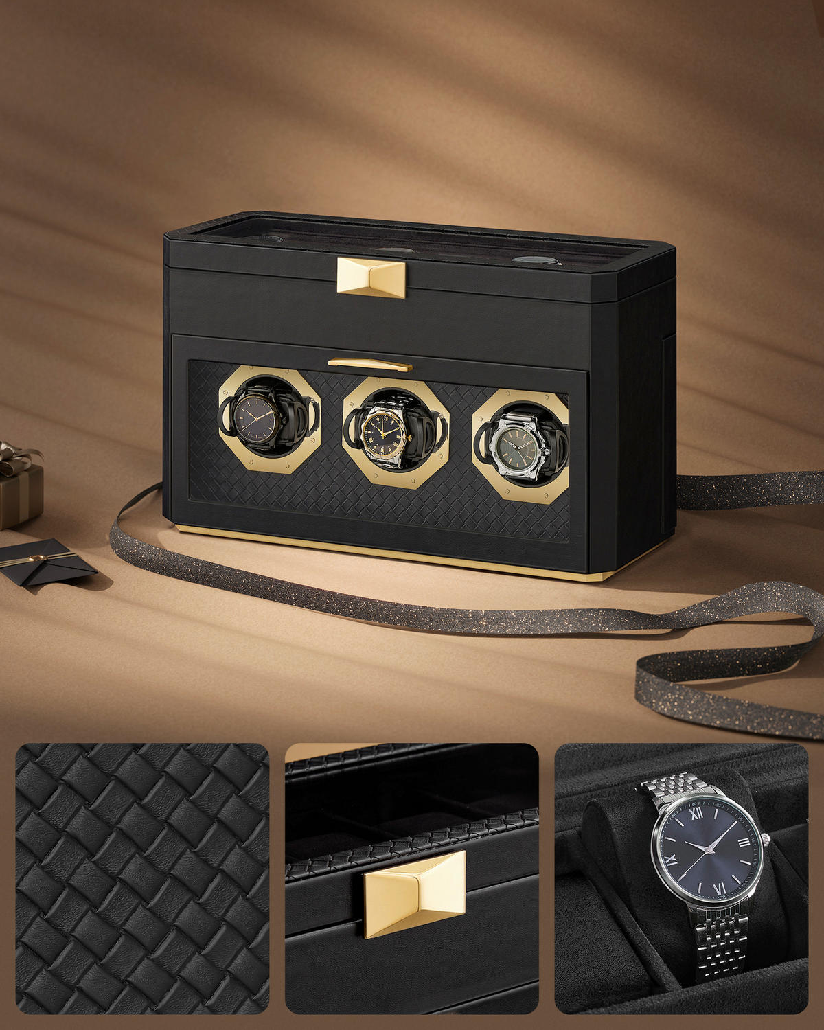 UHRENBOX - Schwarz, LIFESTYLE, Glas/Leder (40/25,3/16,2cm)