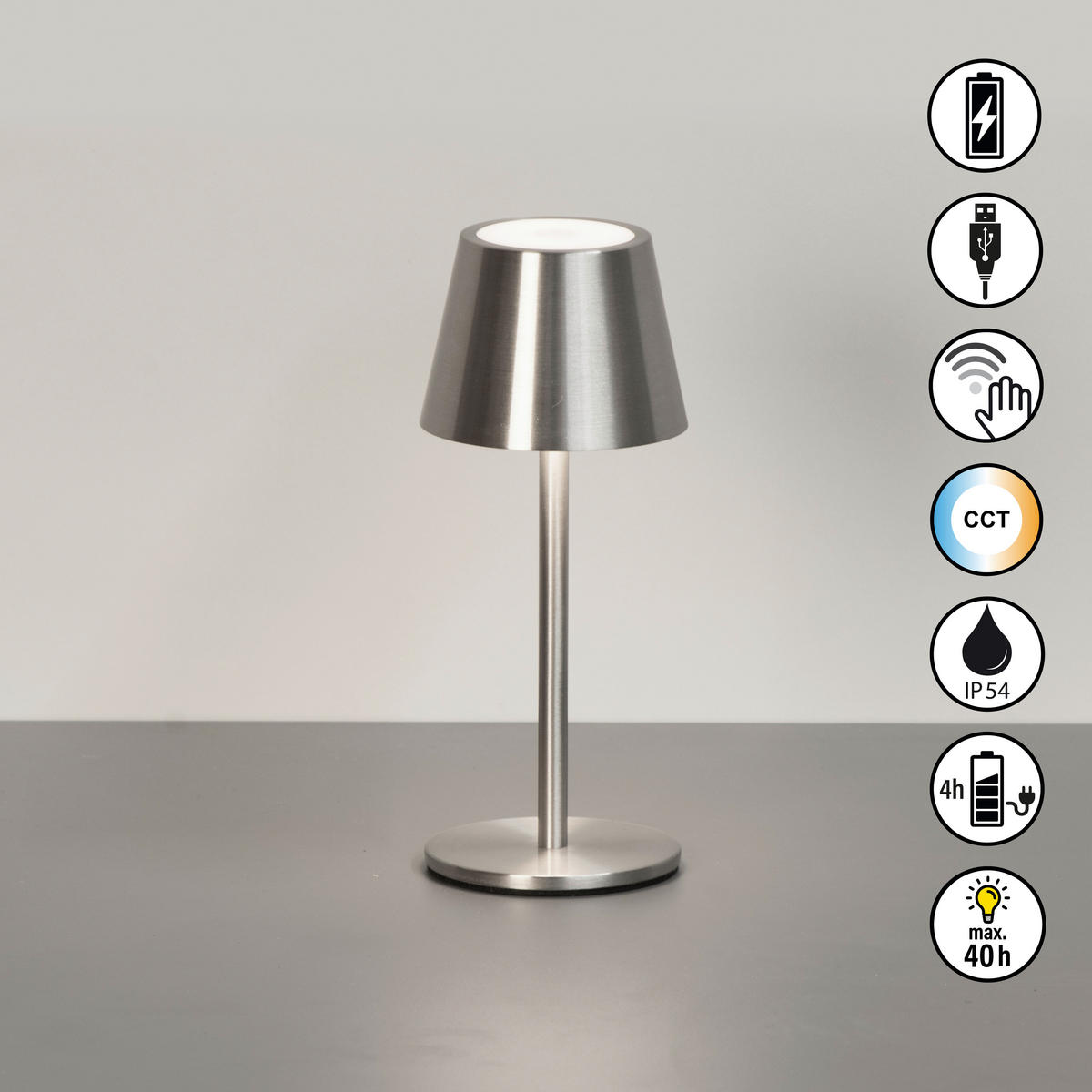 AKKU-TISCHLEUCHTE Salerno 8,5/20 cm  - Graubraun/Nickelfarben, Design, Metall (8,5/20cm)