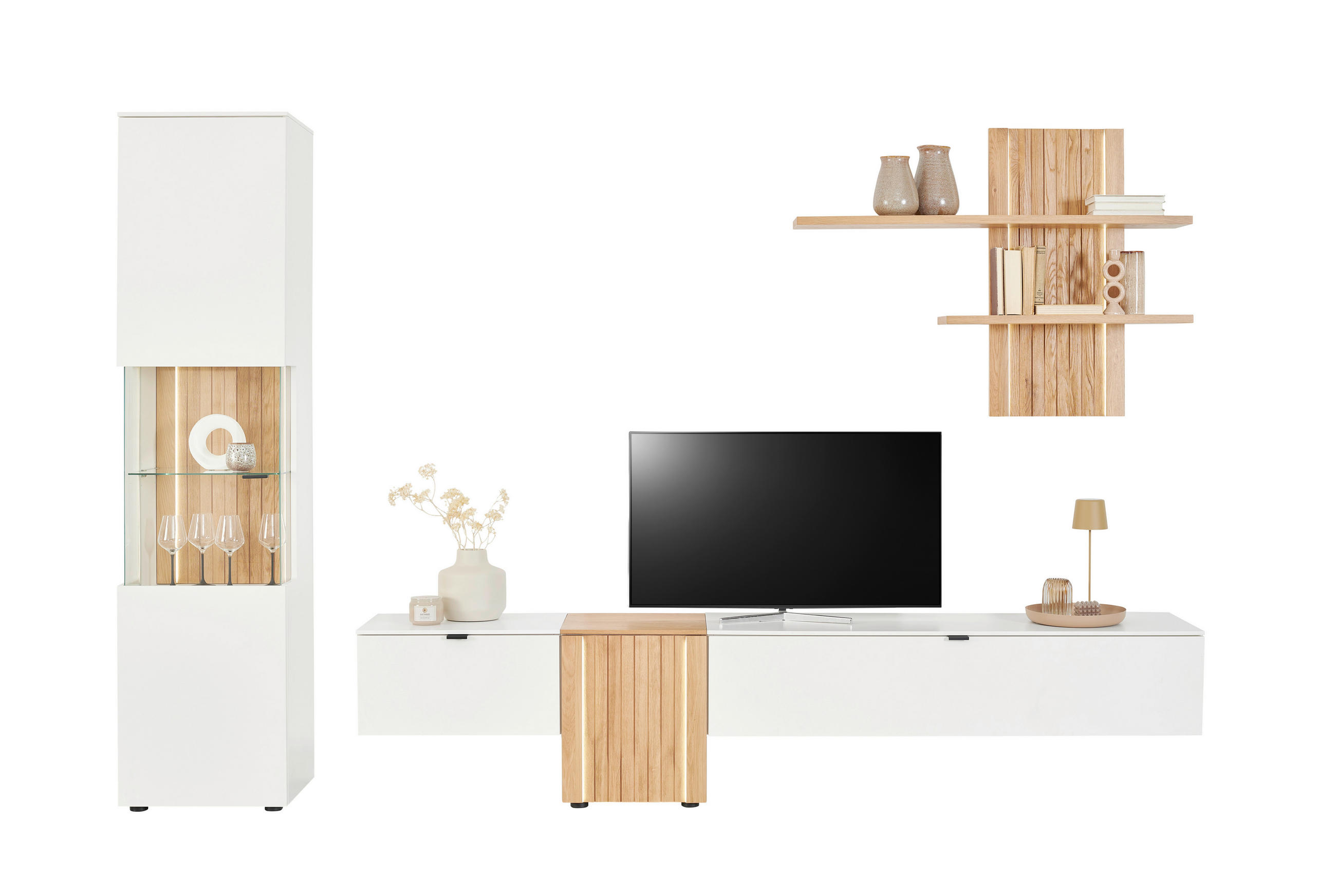 WOHNWAND 310/203/42 cm 3-teilig  in Weiß, Eichefarben  310/203/42 cm  LED-Leuchtmittel   - Eichefarben/Anthrazit, Design, Glas/Holz (310/203/42cm) - Novel