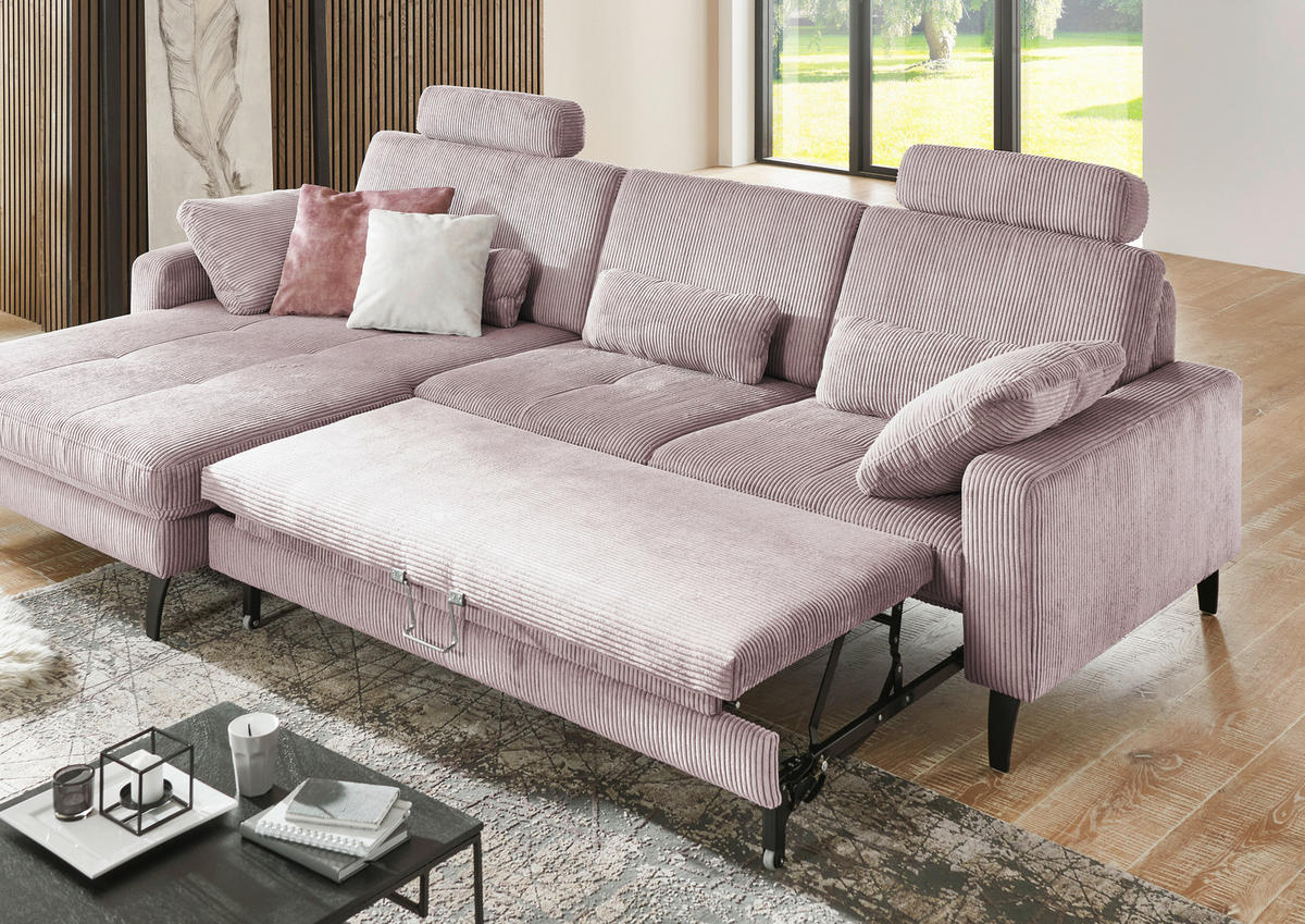 ECKSOFA in Cord Altrosa  - Schwarz/Altrosa, Modern, Textil/Metall (177/302cm) - Beldomo Style