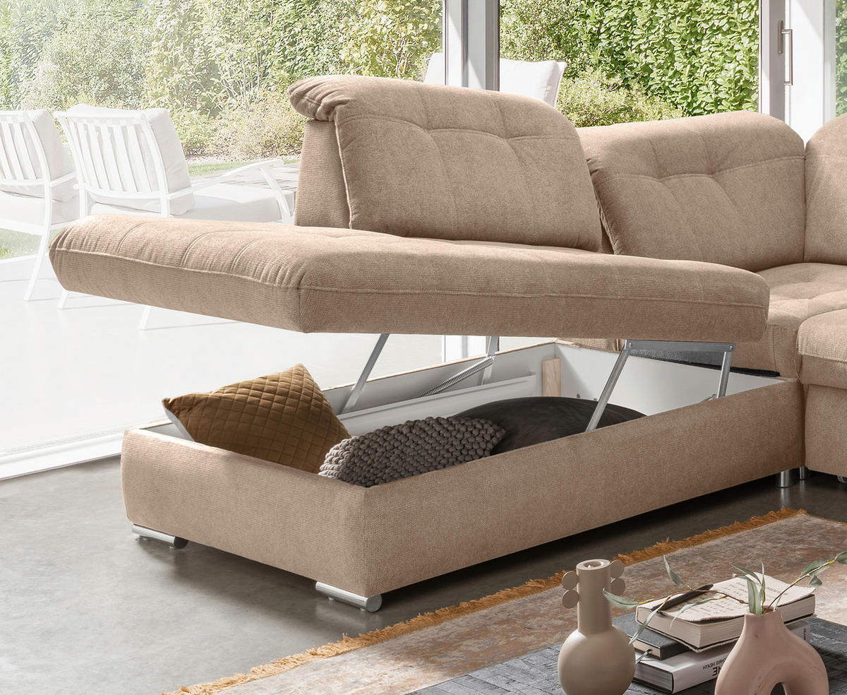 ECKSOFA RIGATTI Hellbraun Flachgewebe Kopfteilverstellung, Stauraum, Sitztiefenverstellung  - Chromfarben/Hellbraun, MODERN, Textil/Metall (254/308cm) - Livetastic