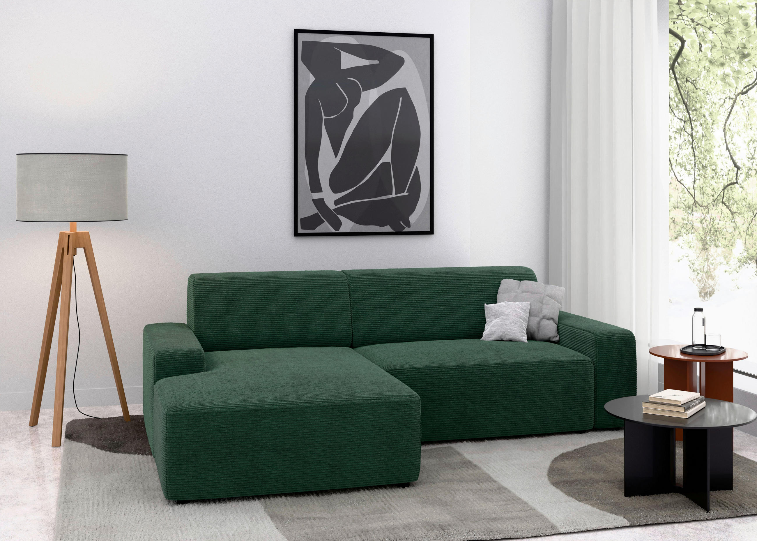 ECKSOFA in Cord Dunkelgrün - Dunkelgrün/Schwarz, Modern, Kunststoff/Textil (162/246cm) - Trendmanufaktur
