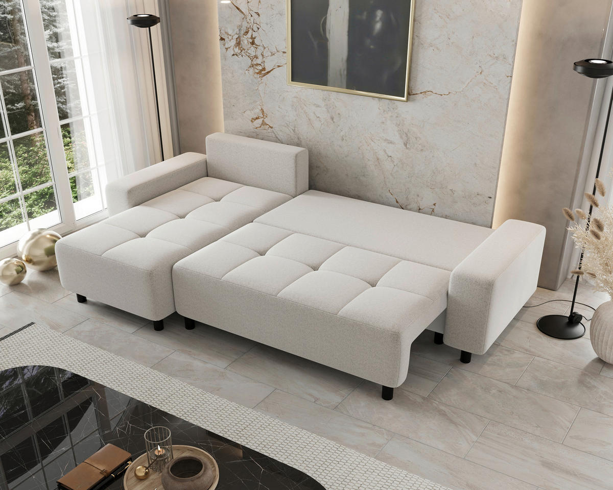ECKSOFA Elfenbein Jacquard Zierkissen, Rückenkissen, Bettkasten, Schlaffunktion, Rücken echt, Liegefläche im Originalstoff  - Elfenbein/Schwarz, MODERN, Kunststoff/Textil (144/246cm) - Carryhome