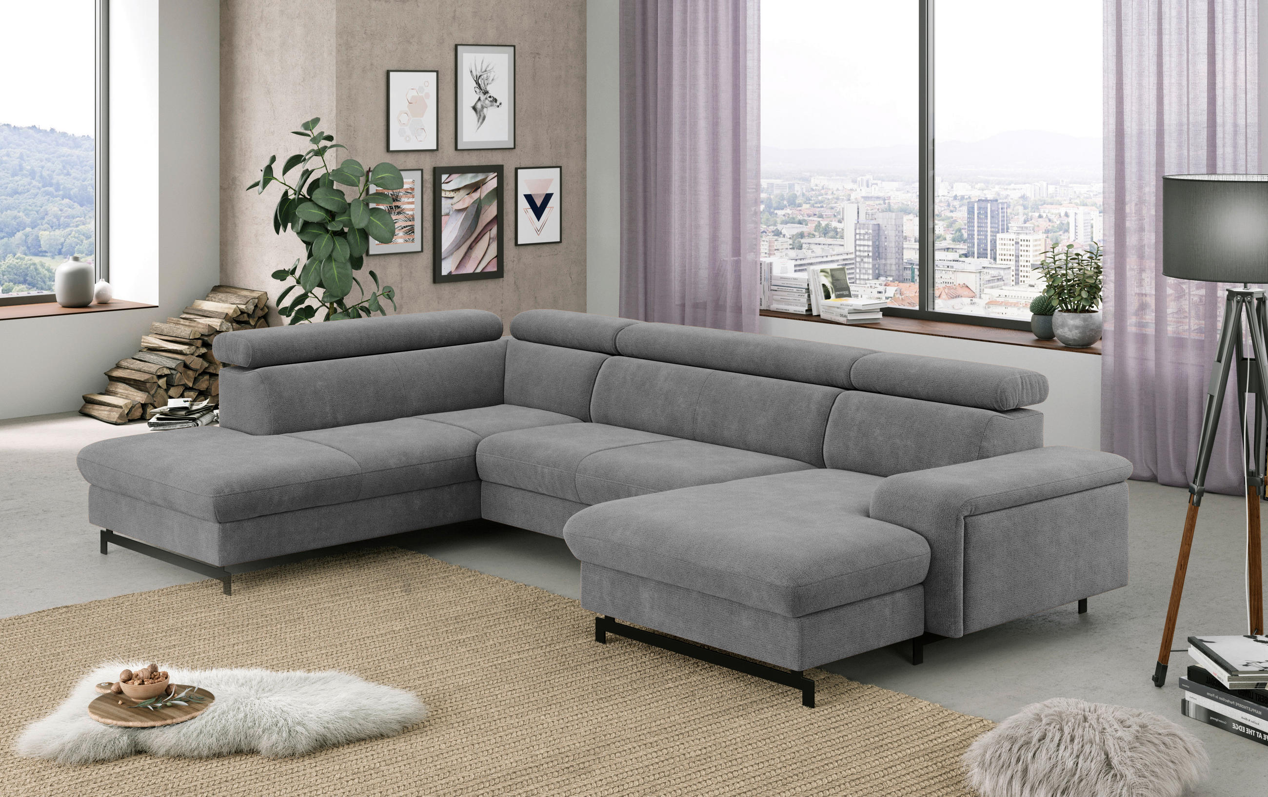 Thumbnail - Mid.you Wohnlandschaft, Grau, Textil, 6-Sitzer, Ottomane links, U-Form, 328x215 cm, Typenauswahl, Bettkasten erhältlich,...