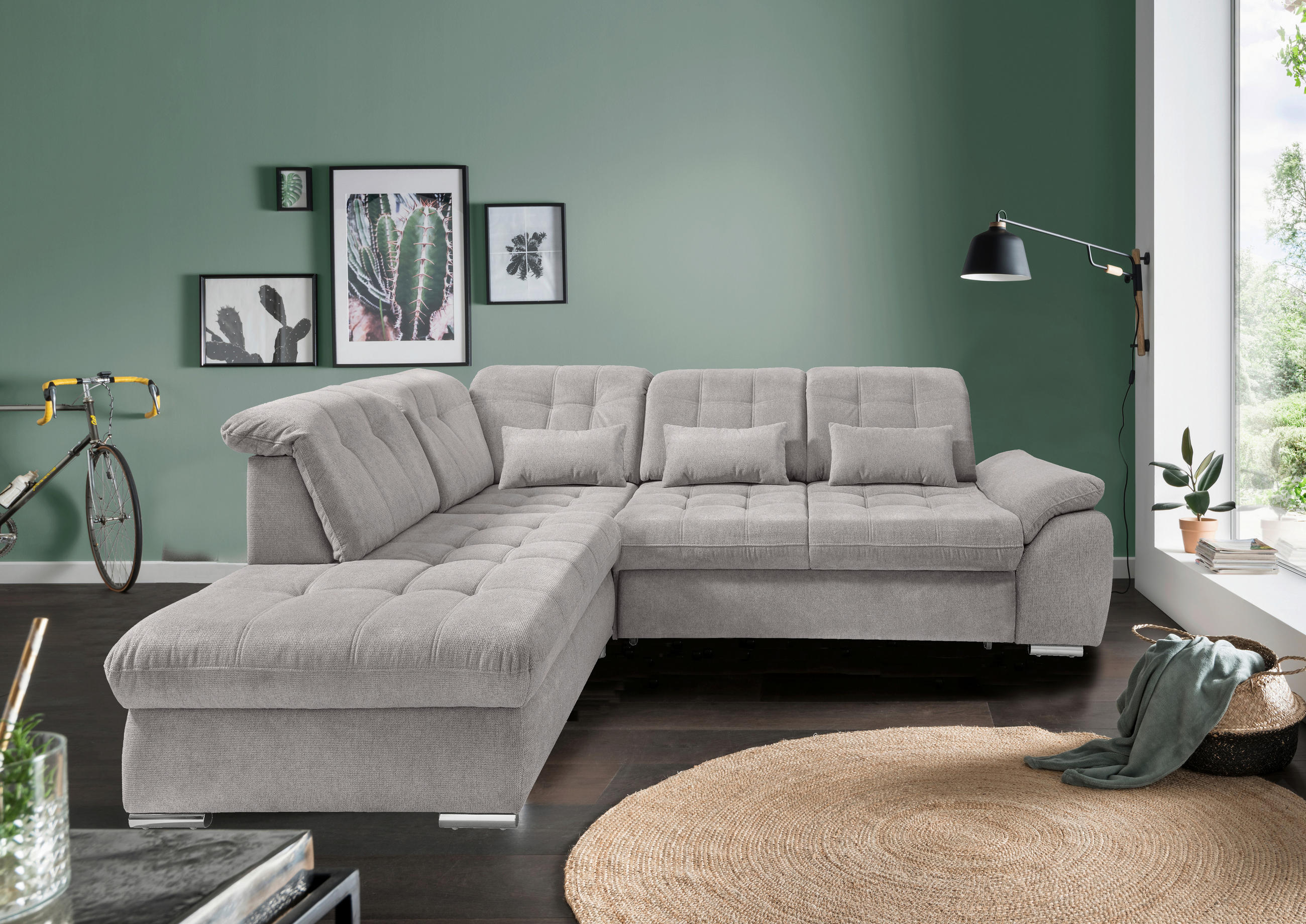 ECKSOFA RIGATTI in Flachgewebe Grau Kopfteilverstellung, Stauraum, Sitztiefenverstellung  254/308 cm  - Chromfarben/Grau, MODERN, Textil/Metall (254/308cm) - Livetastic