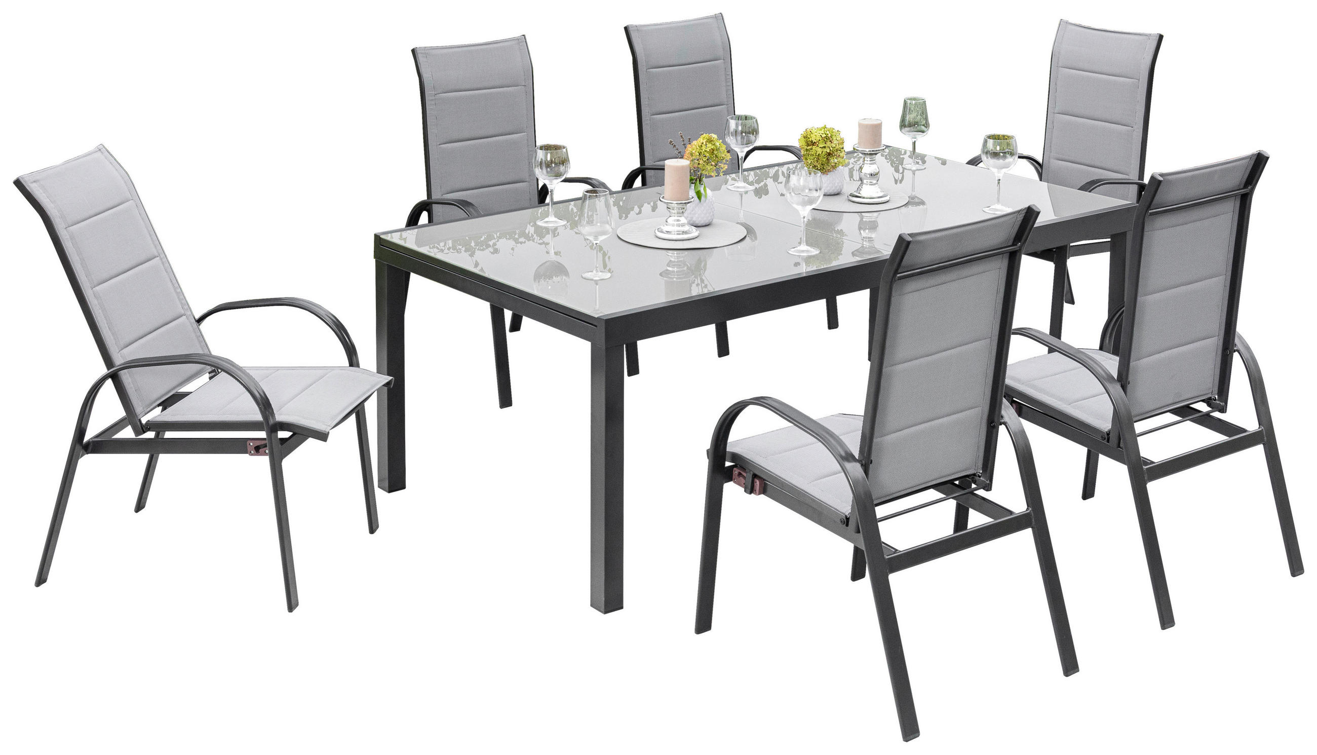GARTENSET 7-teilig Aluminium 7-teilig  - Graphitfarben/Grau, KONVENTIONELL, Glas/Textil - Gardenson