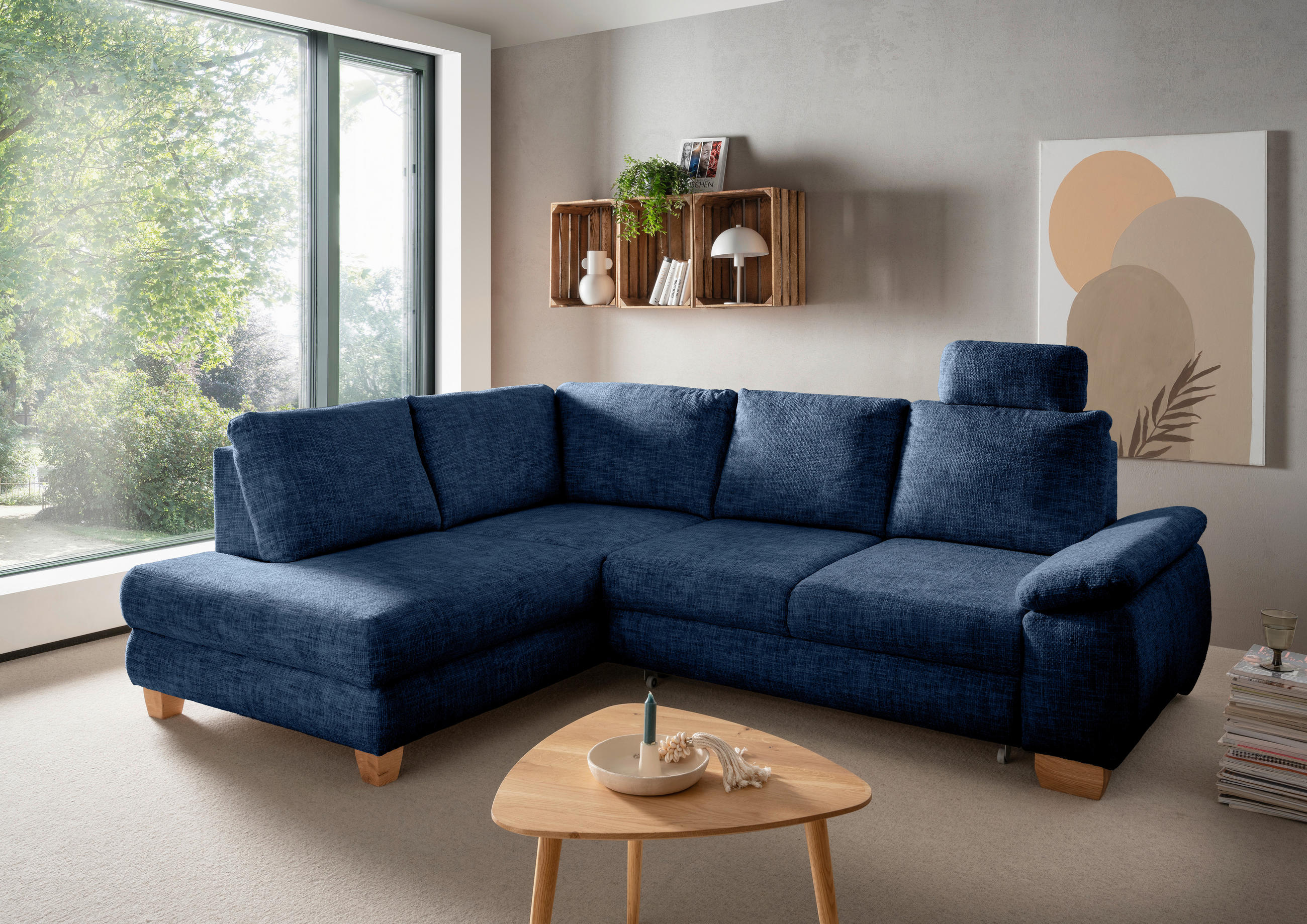 ECKSCHLAFSOFA Struktur Blau  - Wildeiche/Blau, Modern, Holz/Textil (206/265cm) - Livetastic