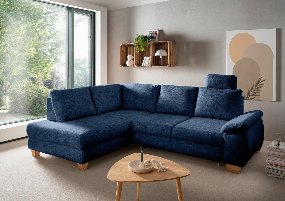 ECKSCHLAFSOFA Positano  mit Liegefunktion, Rücken echt, Armteil rechts Struktur Blau  - Wildeiche/Blau, MODERN, Holz/Textil (206/265cm) - Livetastic