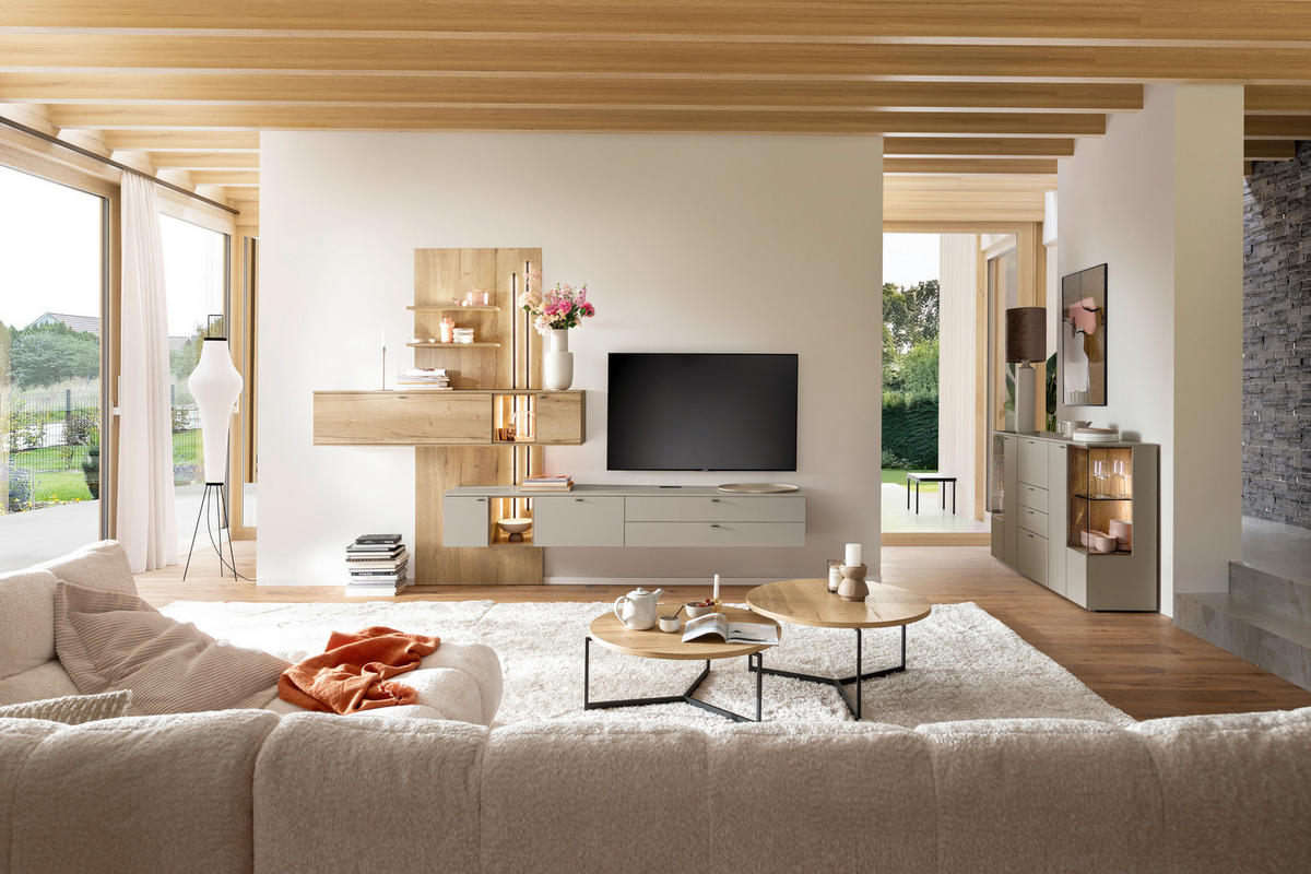 WOHNWAND  Eichefarben, Seidengrau 330/241/43 cm  - Eichefarben/Anthrazit, Design, Glas/Holzwerkstoff (330/241/43cm) - Venjakob