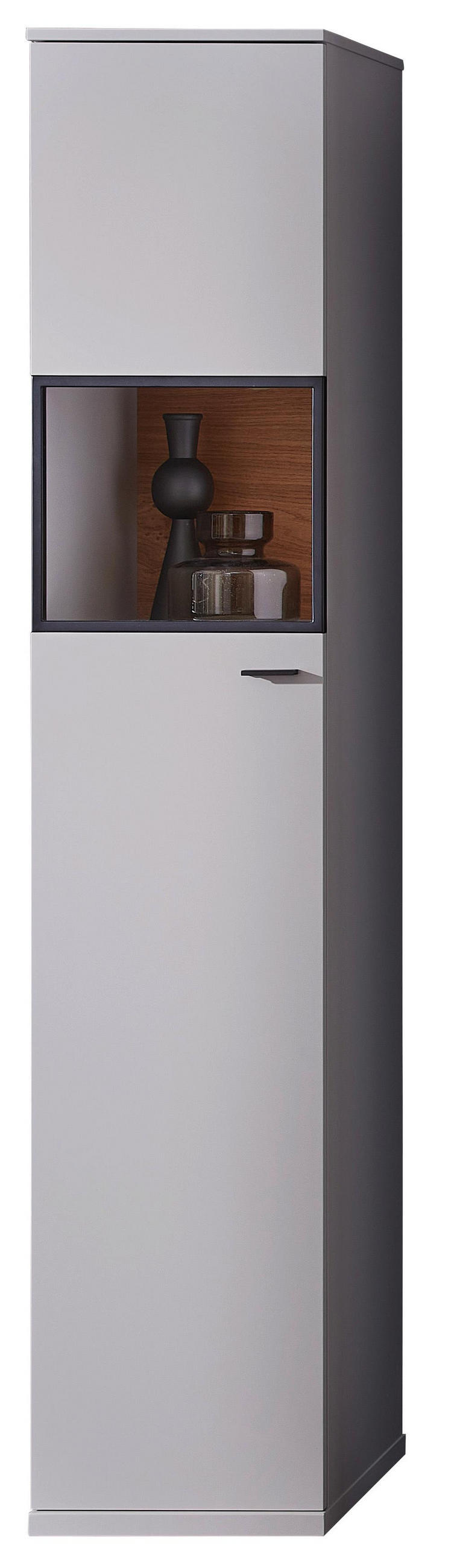 Vitrine in Graphitfarben, Eichefarben, Hellgrau