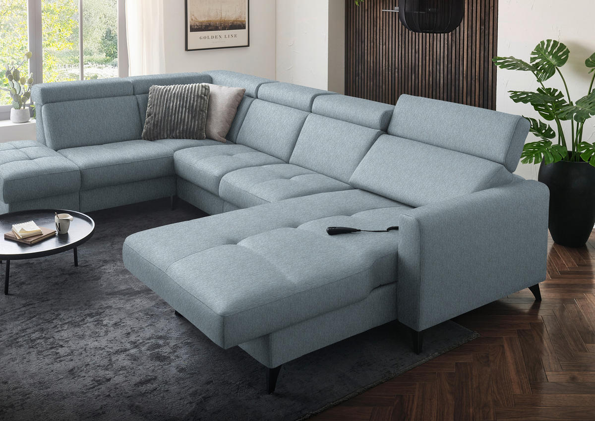 WOHNLANDSCHAFT Flachgewebe Hellblau  - Schwarz/Hellblau, Konventionell, Textil/Metall (215/333/174cm) - Beldomo System