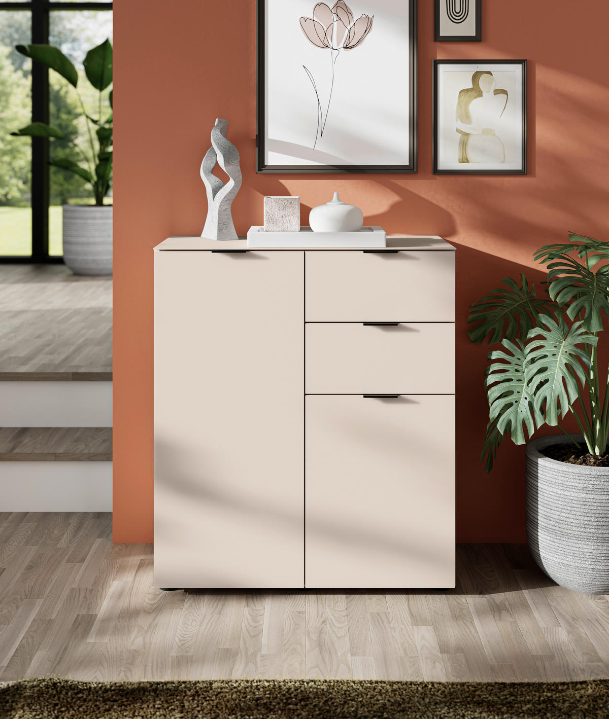 KOMMODE , 80/93/40 cm, 2 Schublade(n)  - Kaschmir/Schwarz, Basics, Glas/Holzwerkstoff (80/93/40cm) - Novel