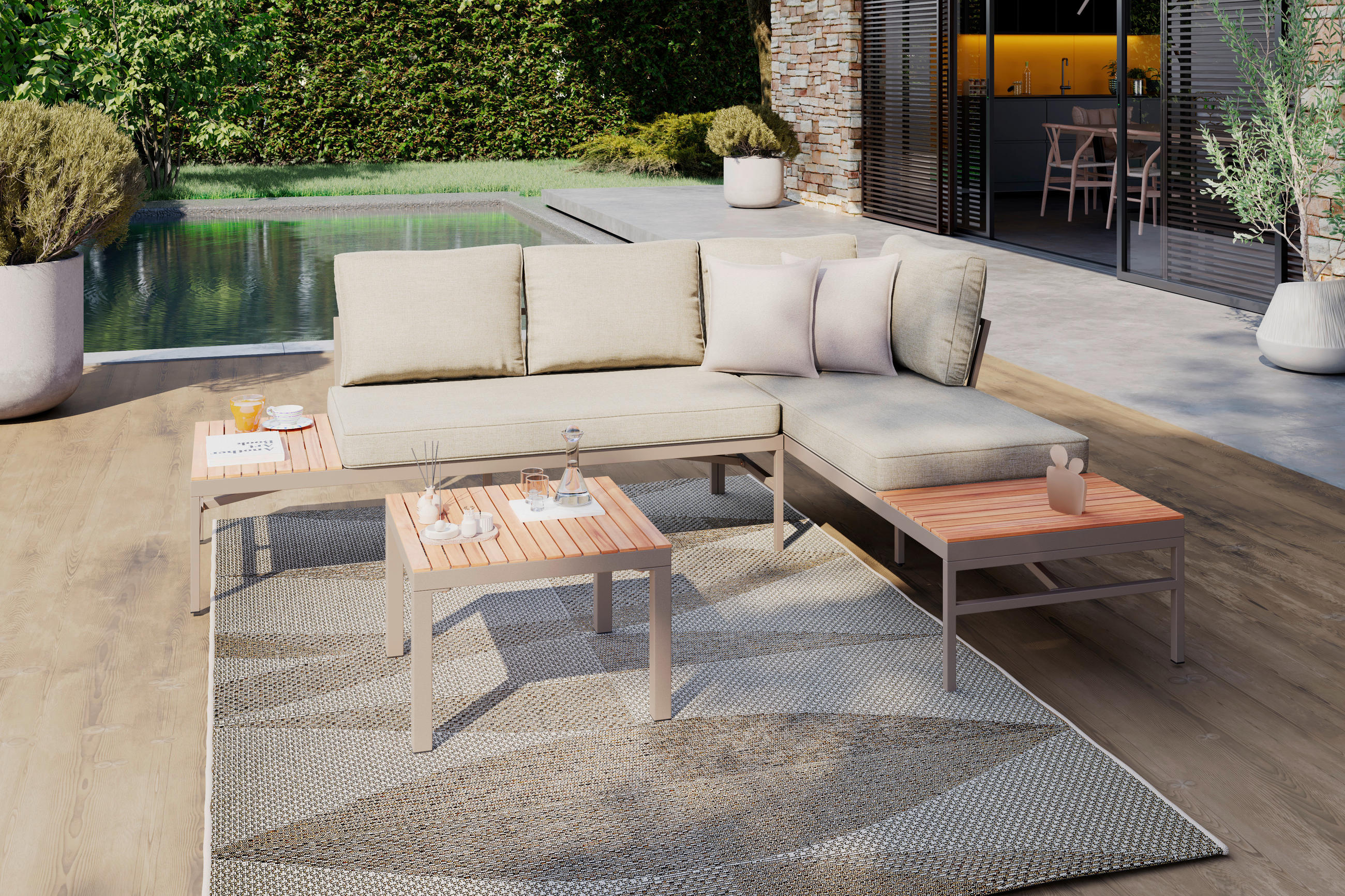 LOUNGEGARNITUR   57/35/57 cm Akazie vollmassiv Aluminium  - Beige/Beigebraun, MODERN, Holz/Textil (57/35/57cm) - Ambia Garden