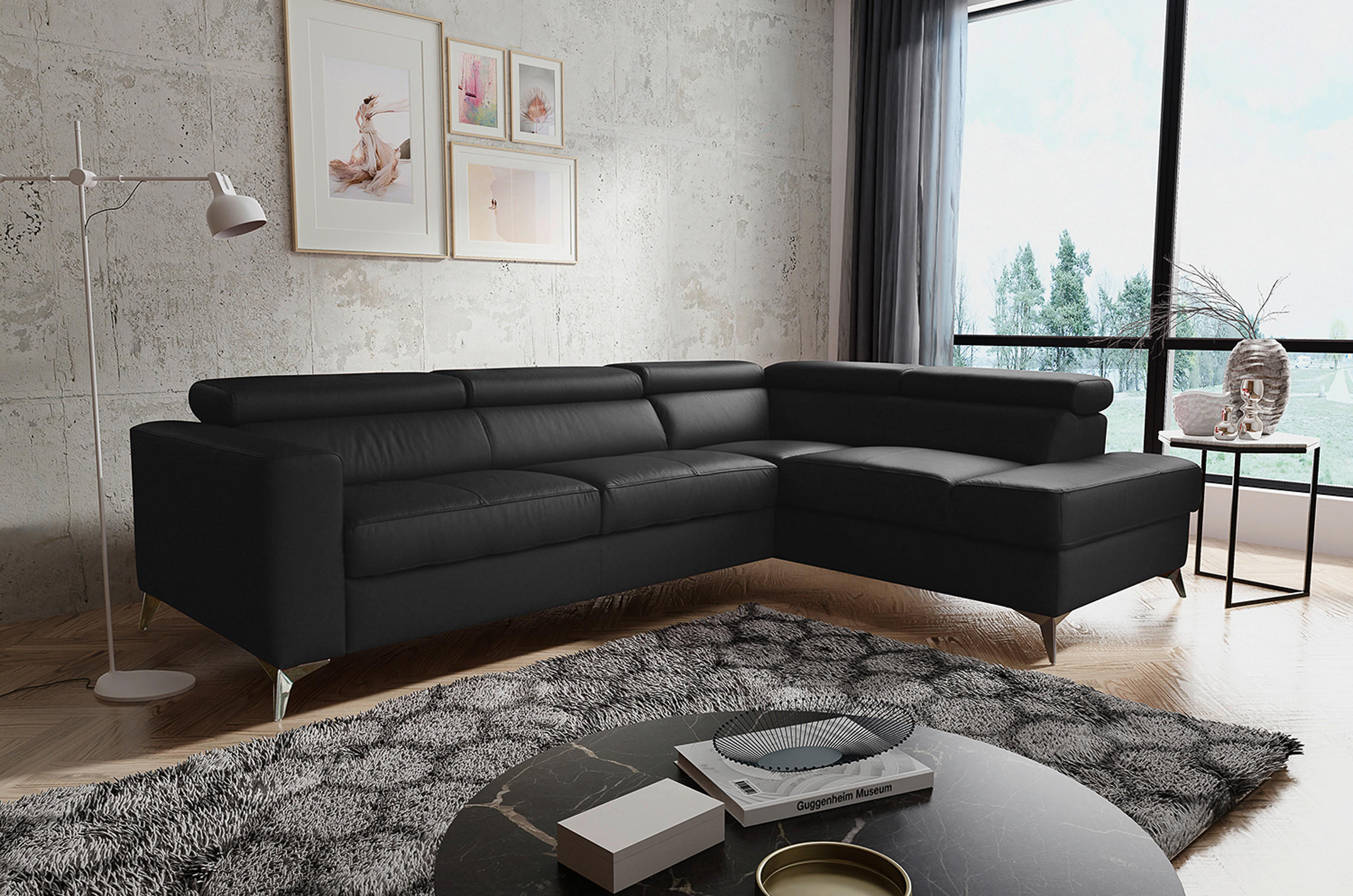 ECKSOFA MONDO Schwarz Echtleder Lederlook  - Chromfarben/Schwarz, Design, Leder/Textil (286/208cm) - Livetastic