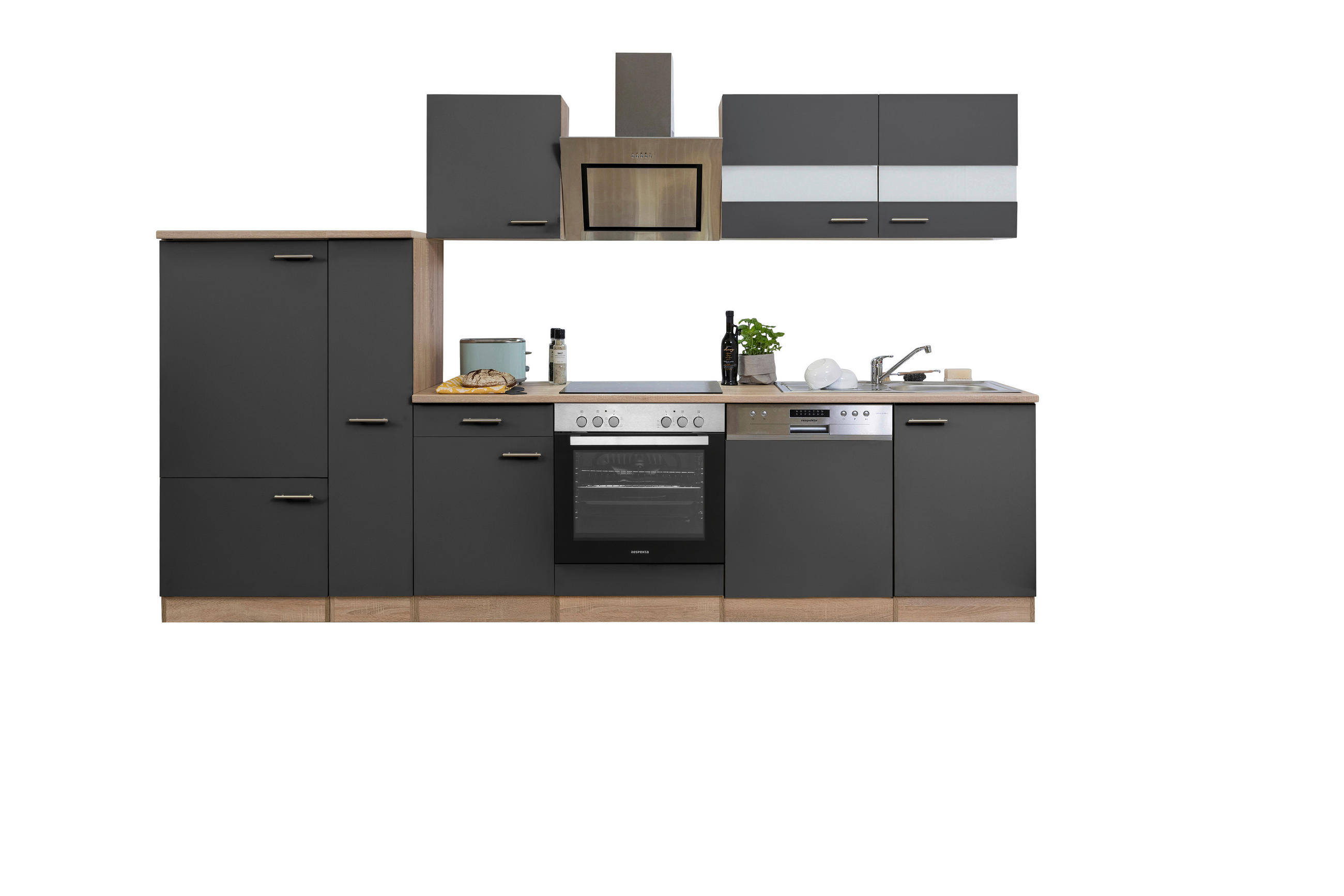 KÜCHENBLOCK 310 cm in Grau - Edelstahlfarben/Eichefarben, Basics, Holzwerkstoff/Metall (310cm) - Respekta