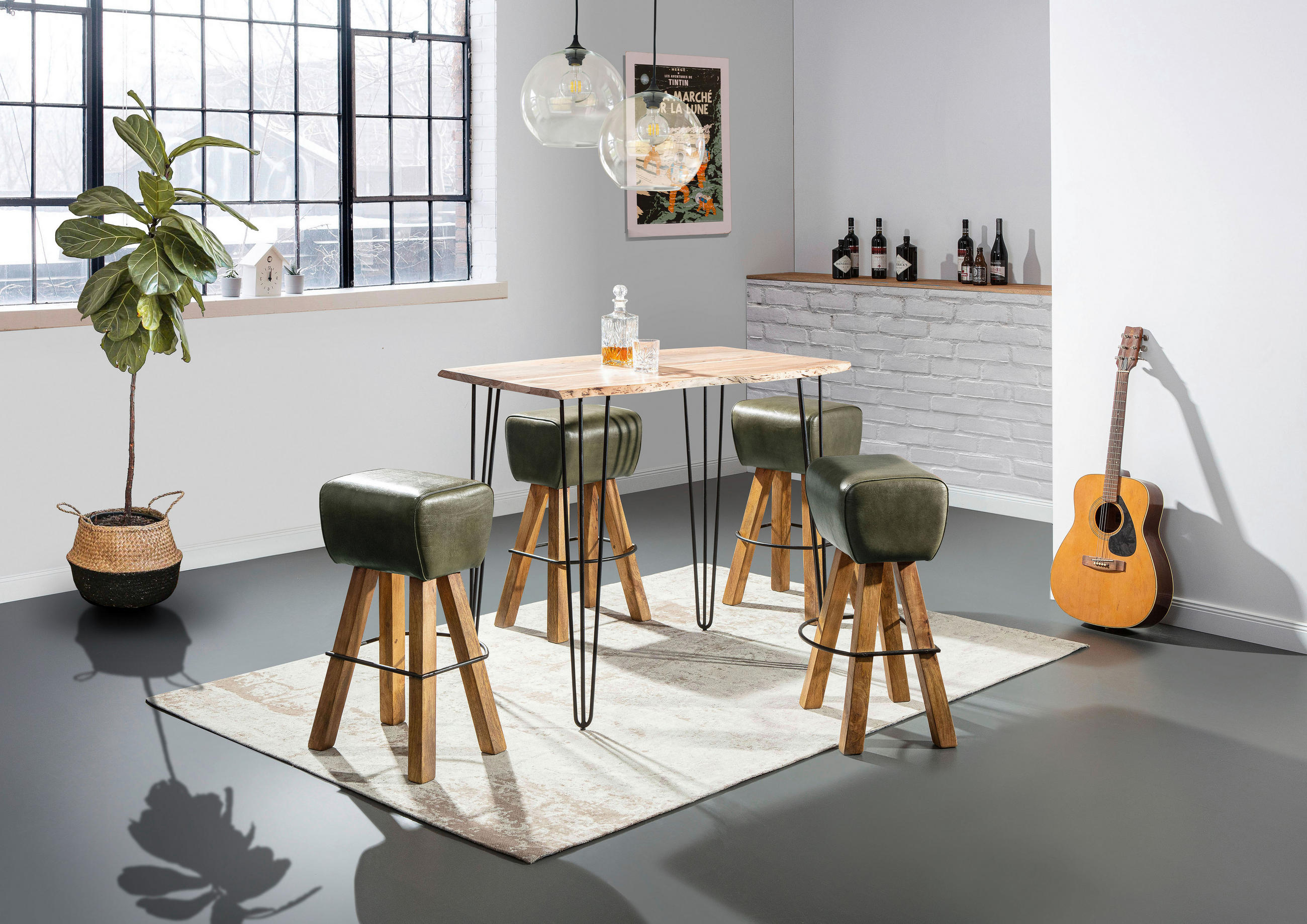 TABURET DE BAR in piele verde  - verde/culoare natur, Konventionell, lemn/piele (44/74/32cm) - Cantus