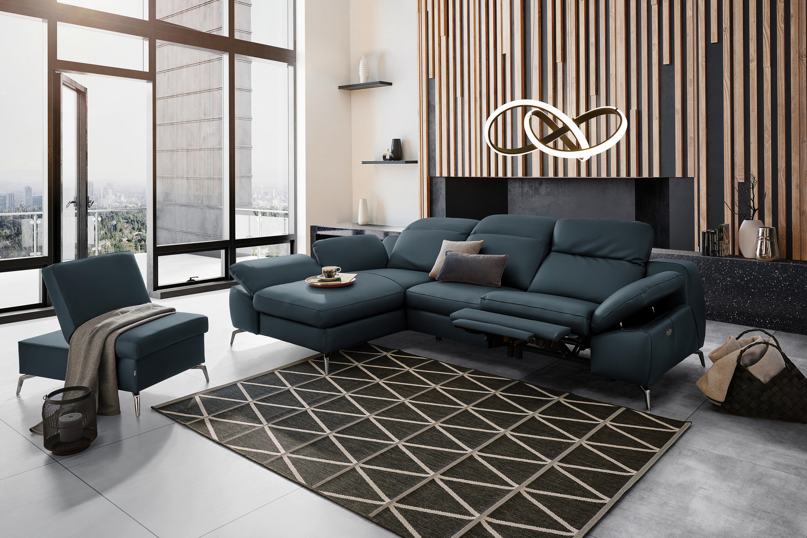 ECKSOFA in Echtleder Dunkelblau  183/286 cm  - Schwarz/Dunkelblau, Design, Leder/Metall (183/286cm) - Celina Home