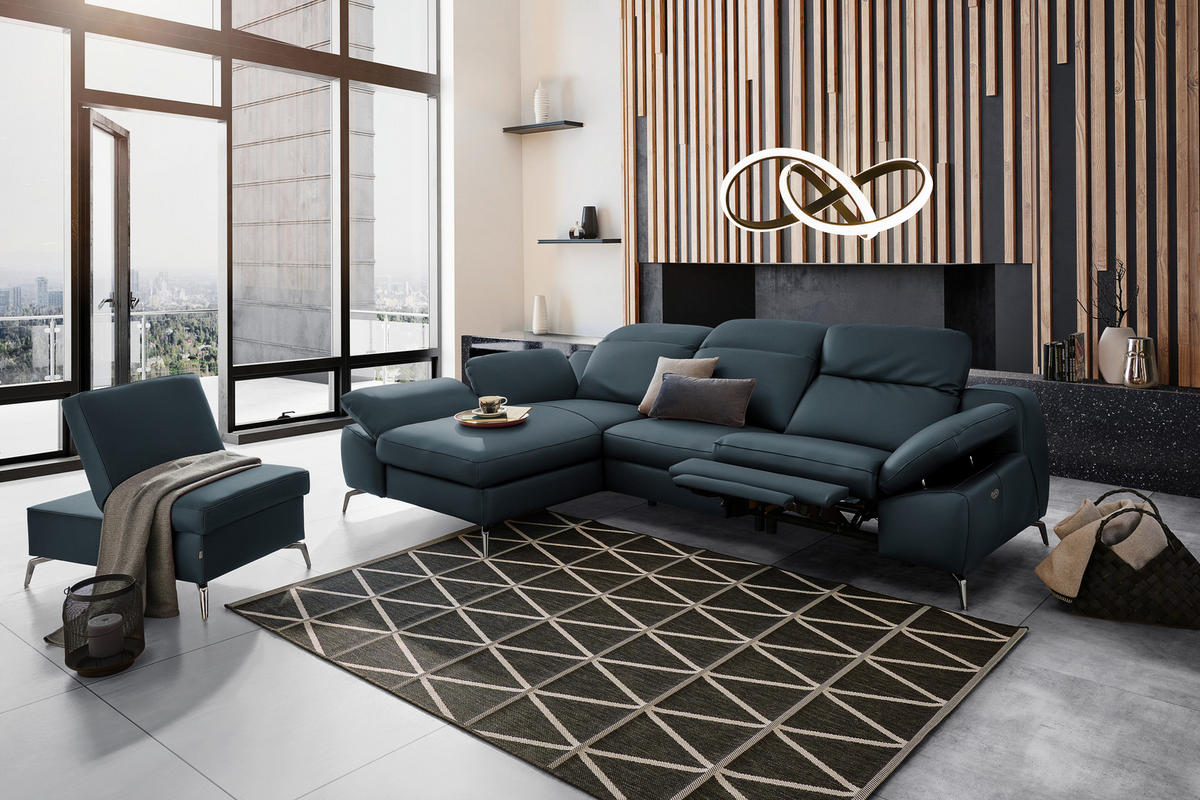 ECKSOFA in Echtleder Dunkelblau  183/286 cm  - Schwarz/Dunkelblau, Design, Leder/Metall (183/286cm) - Celina Home