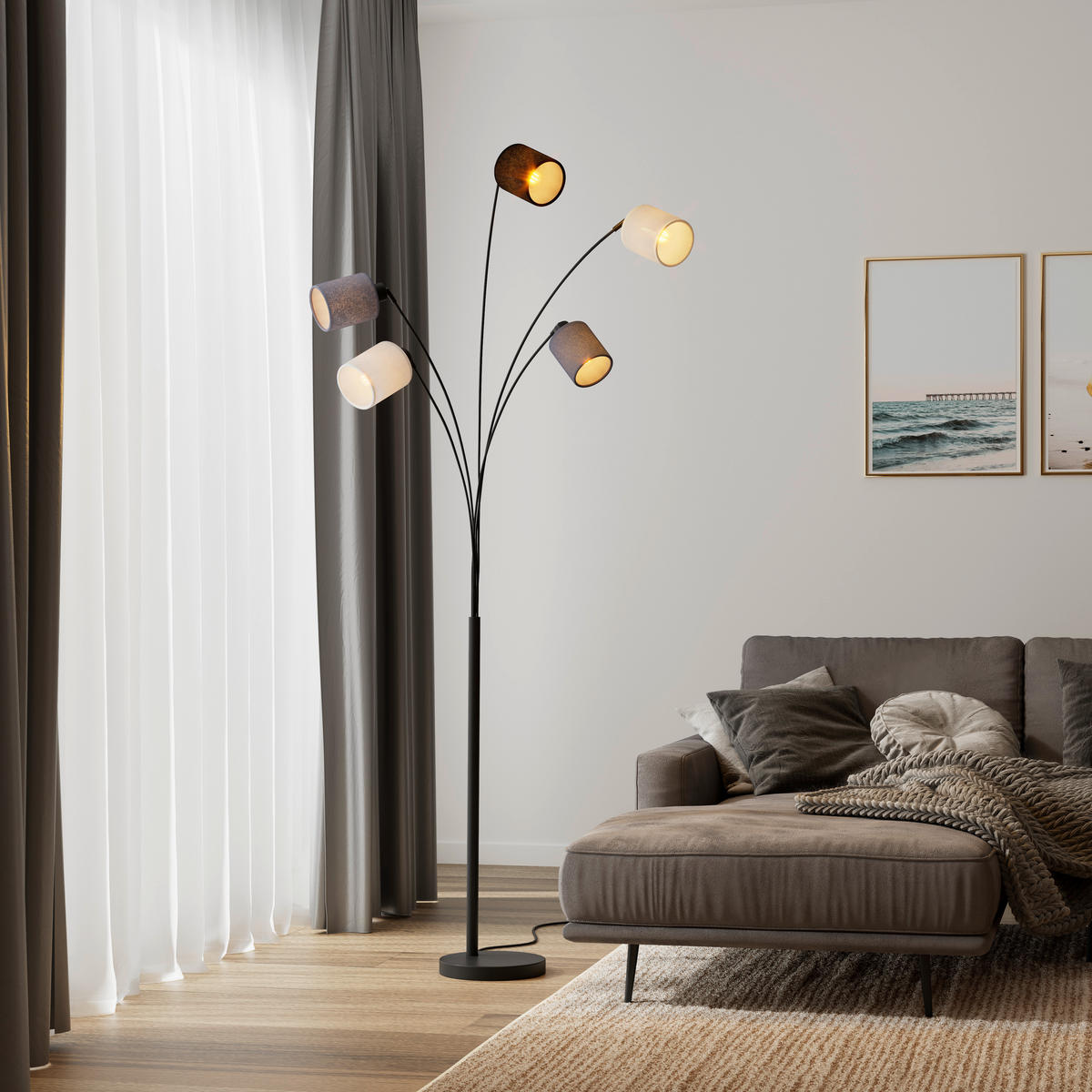 STOJACÍ LAMPA, 90/200 cm  - šedá/černá, Design, kov/textil (90/200cm) - Novel