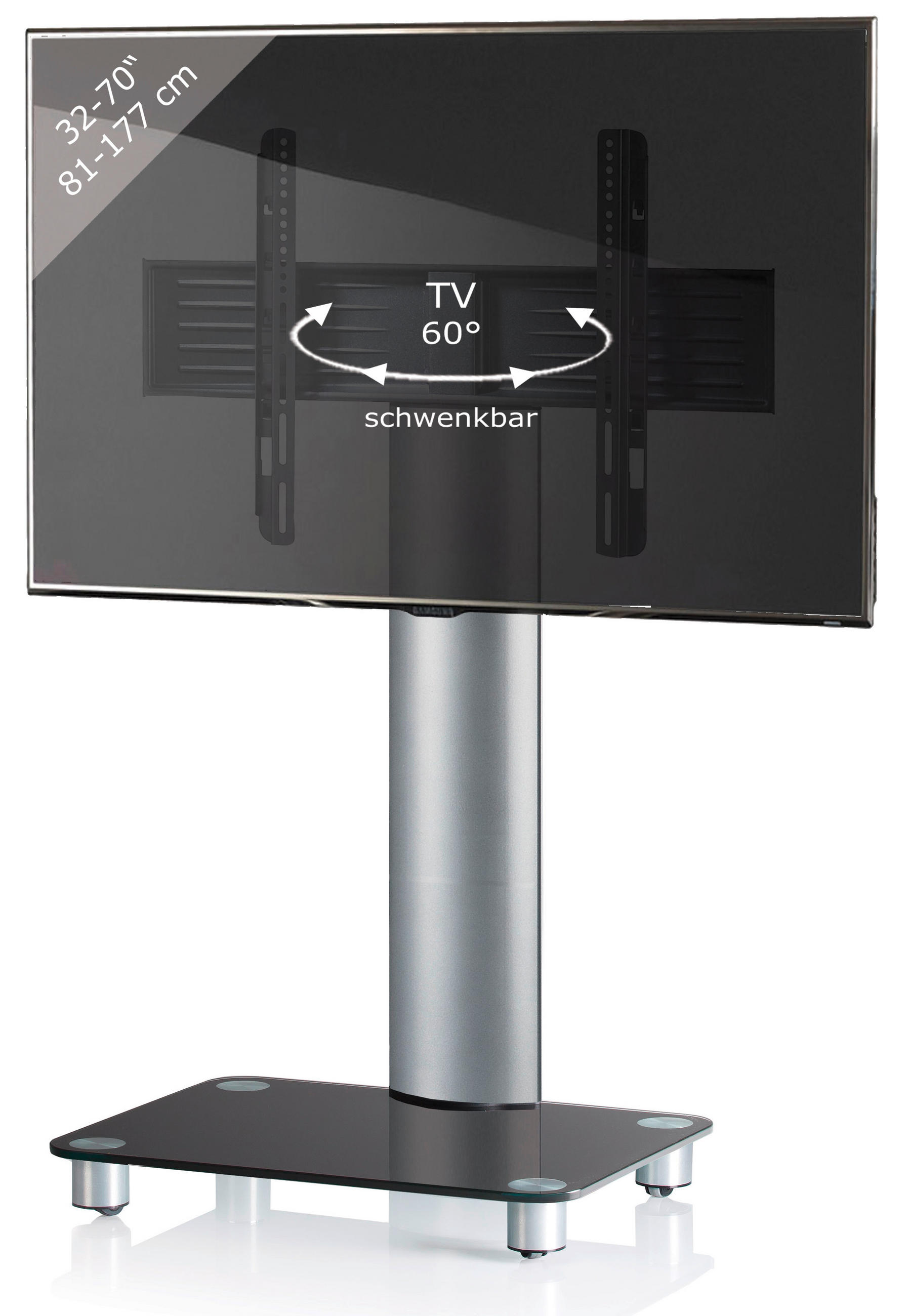 TV-RACK Glas, Metall Silberfarben, Schwarz  - Silberfarben/Schwarz, KONVENTIONELL, Glas/Metall (60/100/44cm) - MID.YOU
