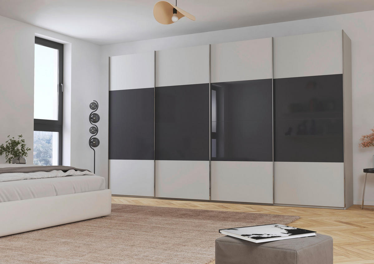SCHWEBETÜRENSCHRANK 361/223/68 cm 4-türig Grau, Schwarz  - Chromfarben/Schwarz, KONVENTIONELL, Glas/Holzwerkstoff (361/223/68cm) - Novel