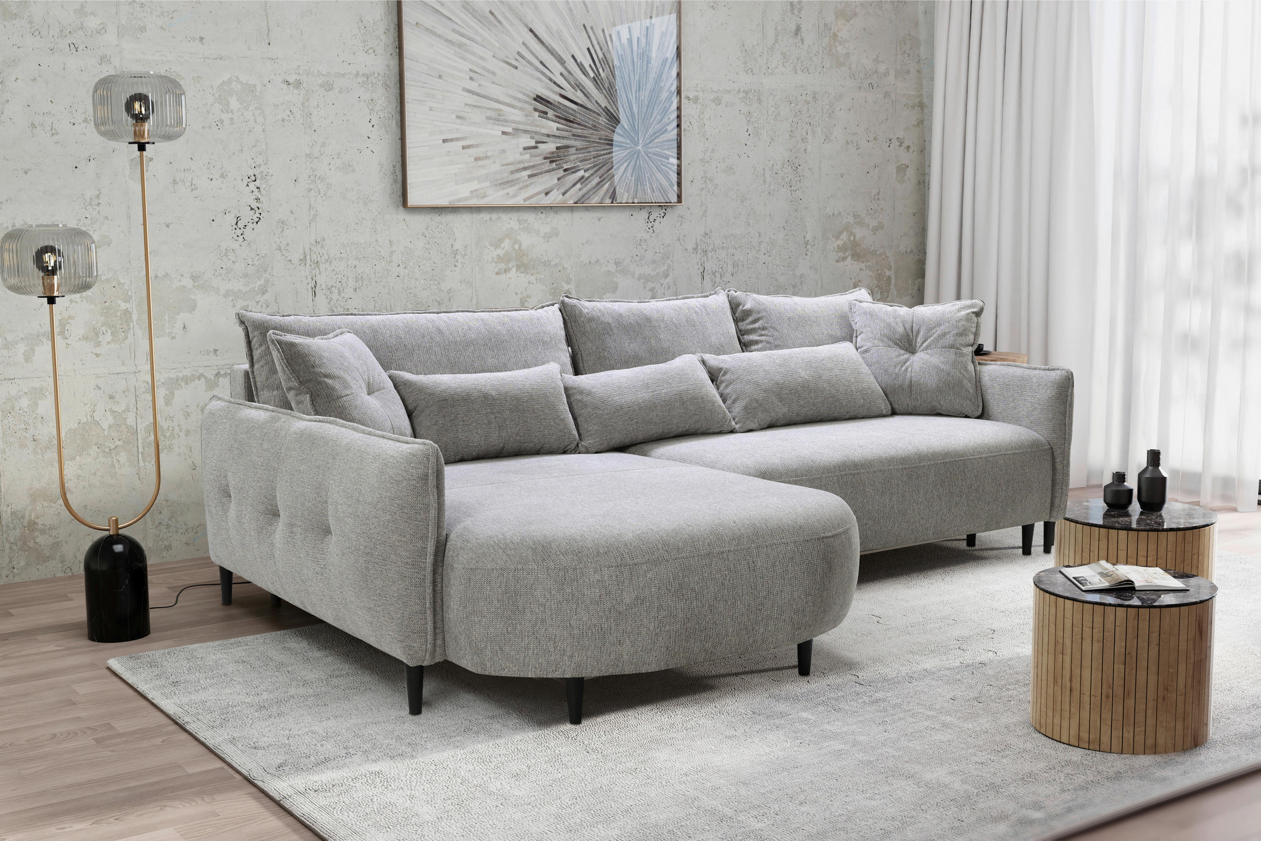 ECKSOFA in Chenille Hellgrau  200/285 cm  - Hellgrau/Schwarz, MODERN, Textil/Metall (200/285cm) - Carryhome