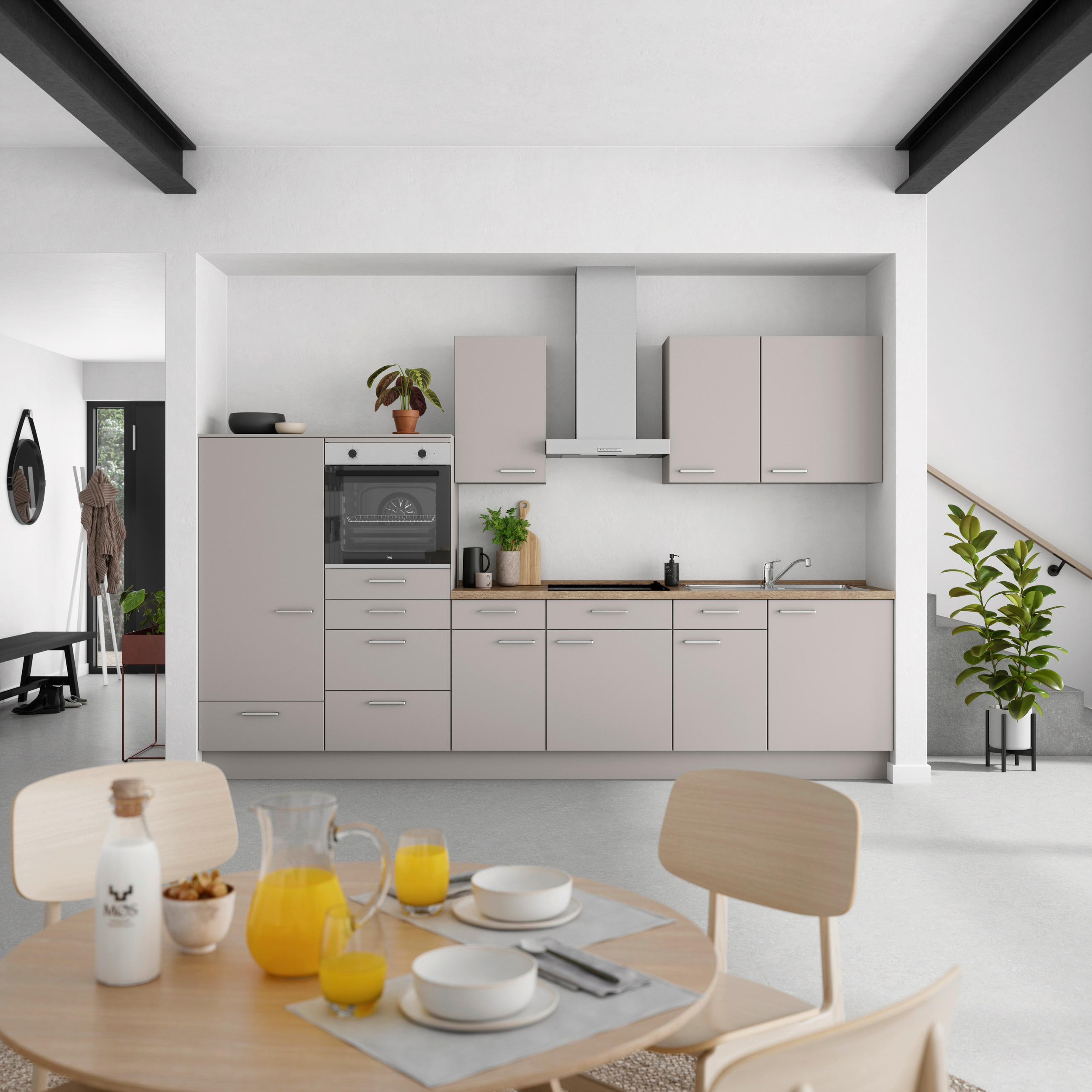 KÜCHENBLOCK 330 cm   in Grau, Eiche dunkel  - Eiche dunkel/Edelstahlfarben, MODERN, Holzwerkstoff/Metall (330cm) - Nobilia