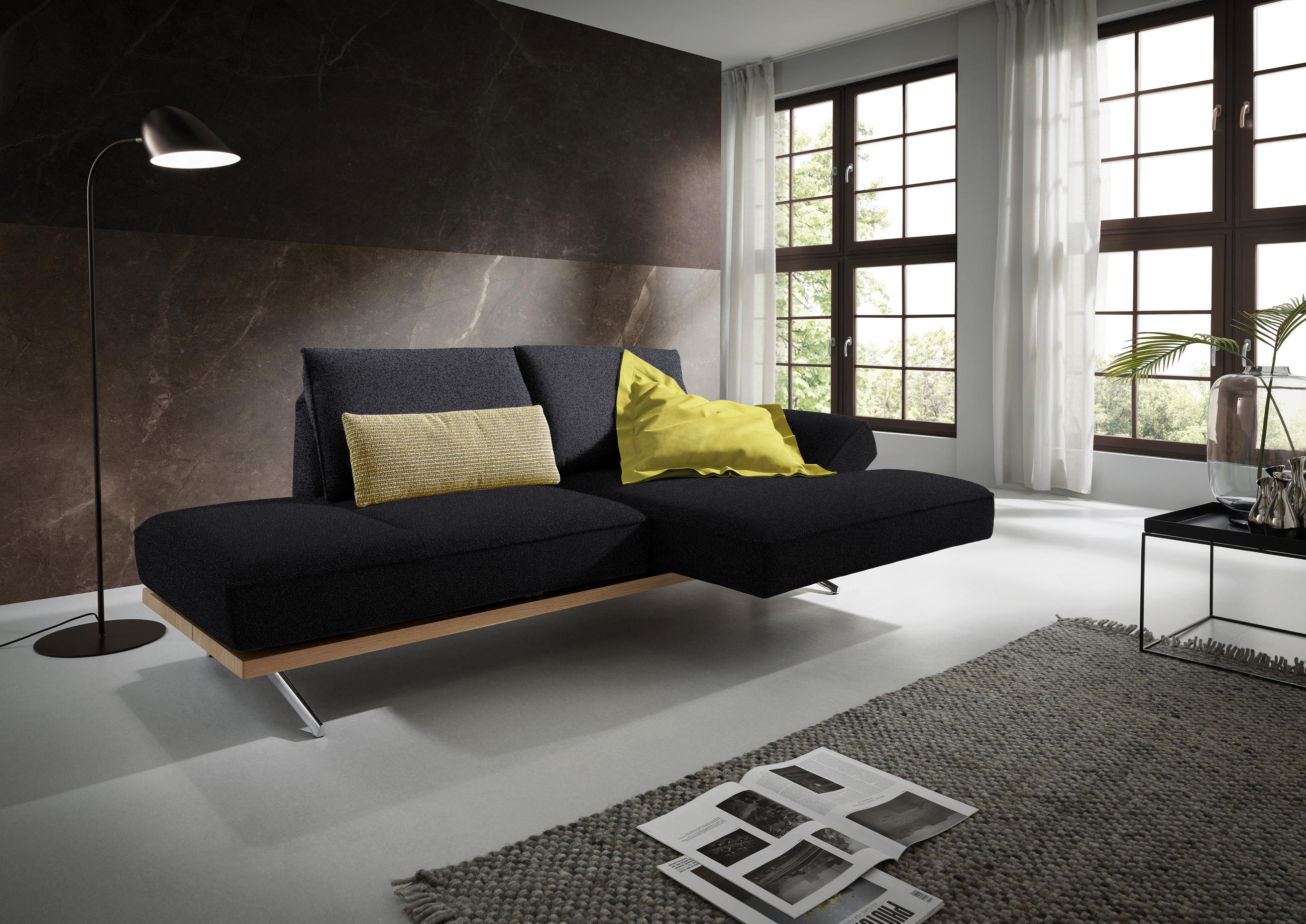 ECKSOFA in Flachgewebe Schwarz  240/132 cm  - Chromfarben/Schwarz, Design, Holz/Textil (240/132cm) - Koinor