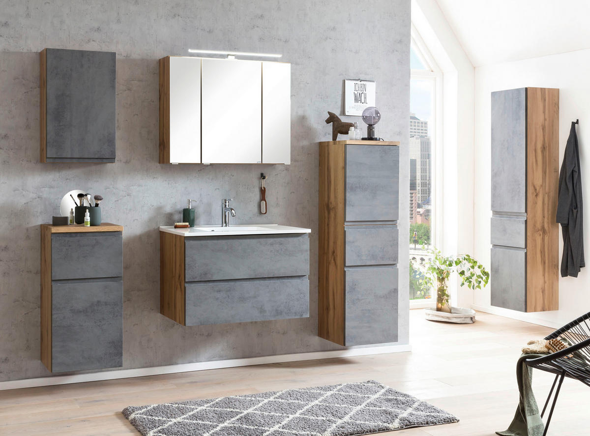 SKŘÍŇKA S UMYVADLEM, šedá, dub wotan, 80 cm - šedá/bílá, Moderní, kompozitní dřevo/kámen (80cm) - Held