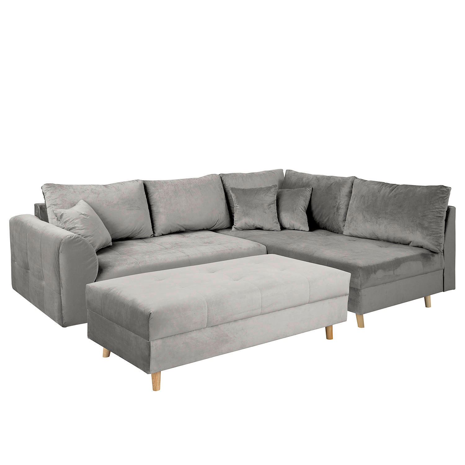ECKSOFA inkl. Hocker Ariella Grau Samt Rückenkissen, Hocker  - Naturfarben/Grau, Design, Holz/Textil (231/161cm) - Livetastic