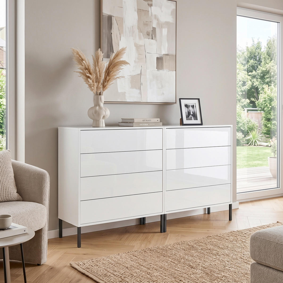 SIDEBOARD Mailand Set 1 + MF 158/86/33 cm 8 Schublade(n)  - Weiß Hochglanz/Anthrazit, MODERN, Holzwerkstoff/Metall (158/86/33cm) - MID.YOU