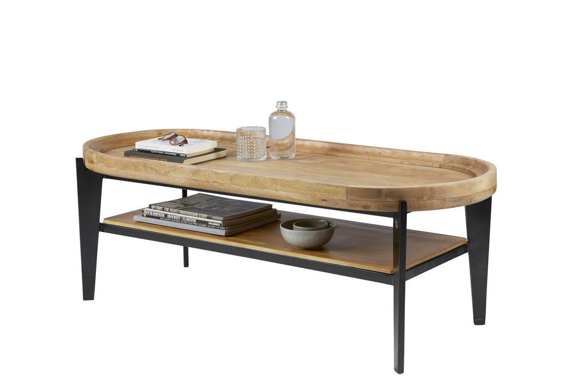 COUCHTISCH Mangoholz massiv 120/50/40 cm oval Naturfarben, Schwarz  - Schwarz/Naturfarben, Design, Holz/Metall (120/50/40cm) - MID.YOU