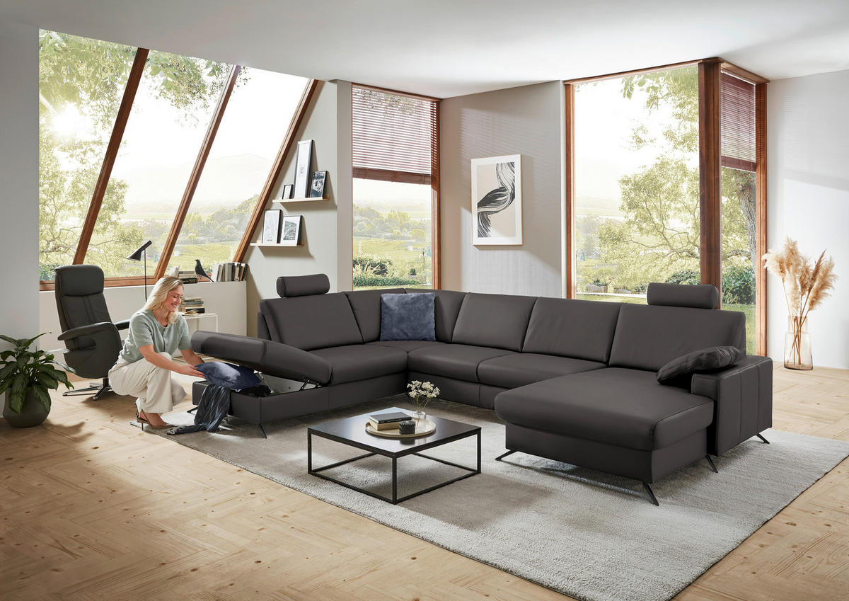 WOHNLANDSCHAFT in Echtleder Dunkelgrau  - Dunkelgrau/Schwarz, Design, Leder/Metall (233/339/165cm) - Beldomo Premium