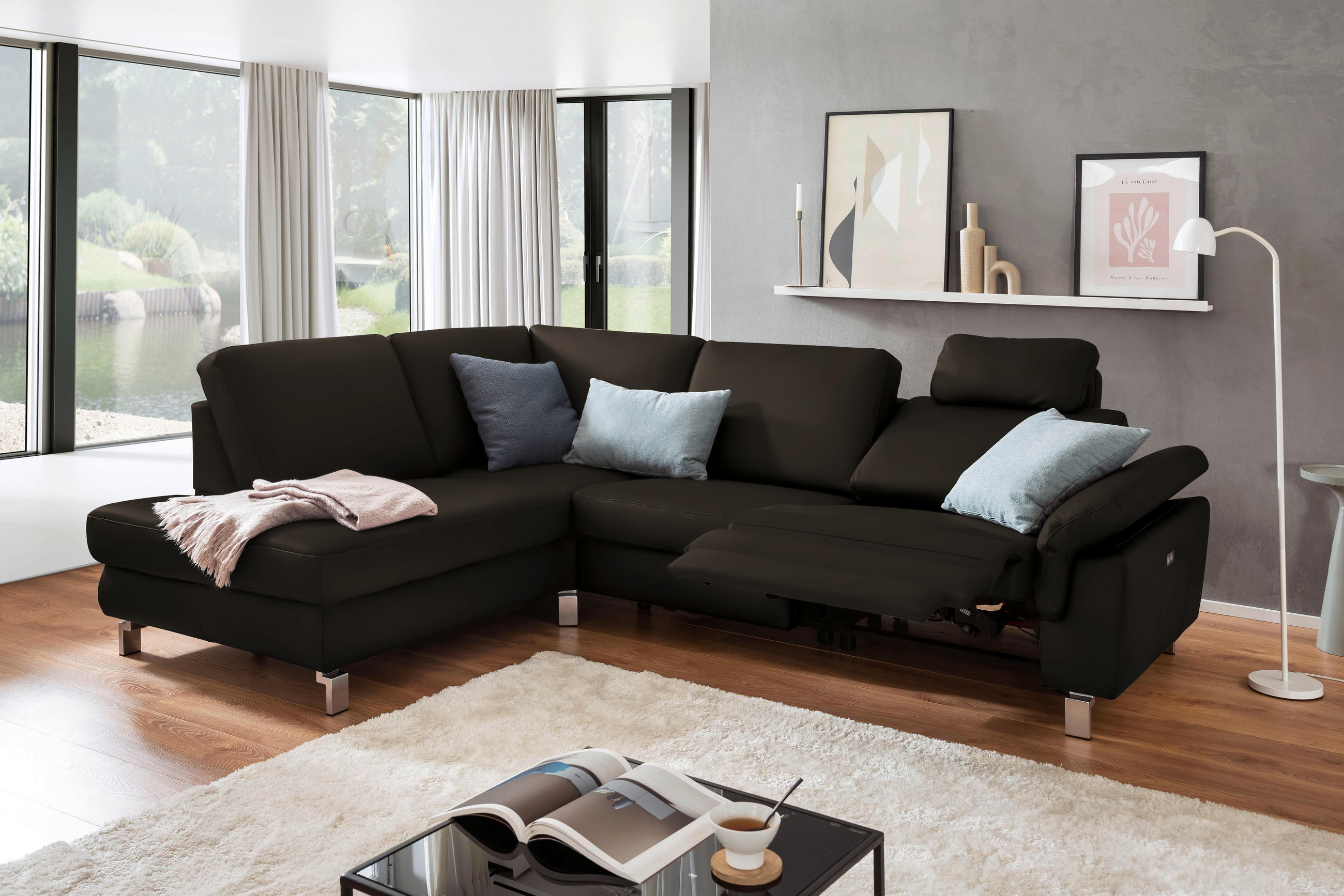 ECKSOFA in Echtleder Schwarz  200/271 cm  - Chromfarben/Schwarz, Design, Leder/Metall (200/271cm) - Pure Home Lifestyle