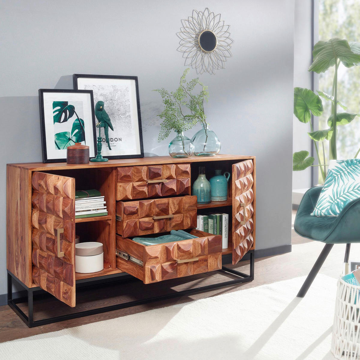 SIDEBOARD 145/81/45 cm  - Goldfarben/Sheeshamfarben, Design, Holz/Metall (145/81/45cm) - MID.YOU