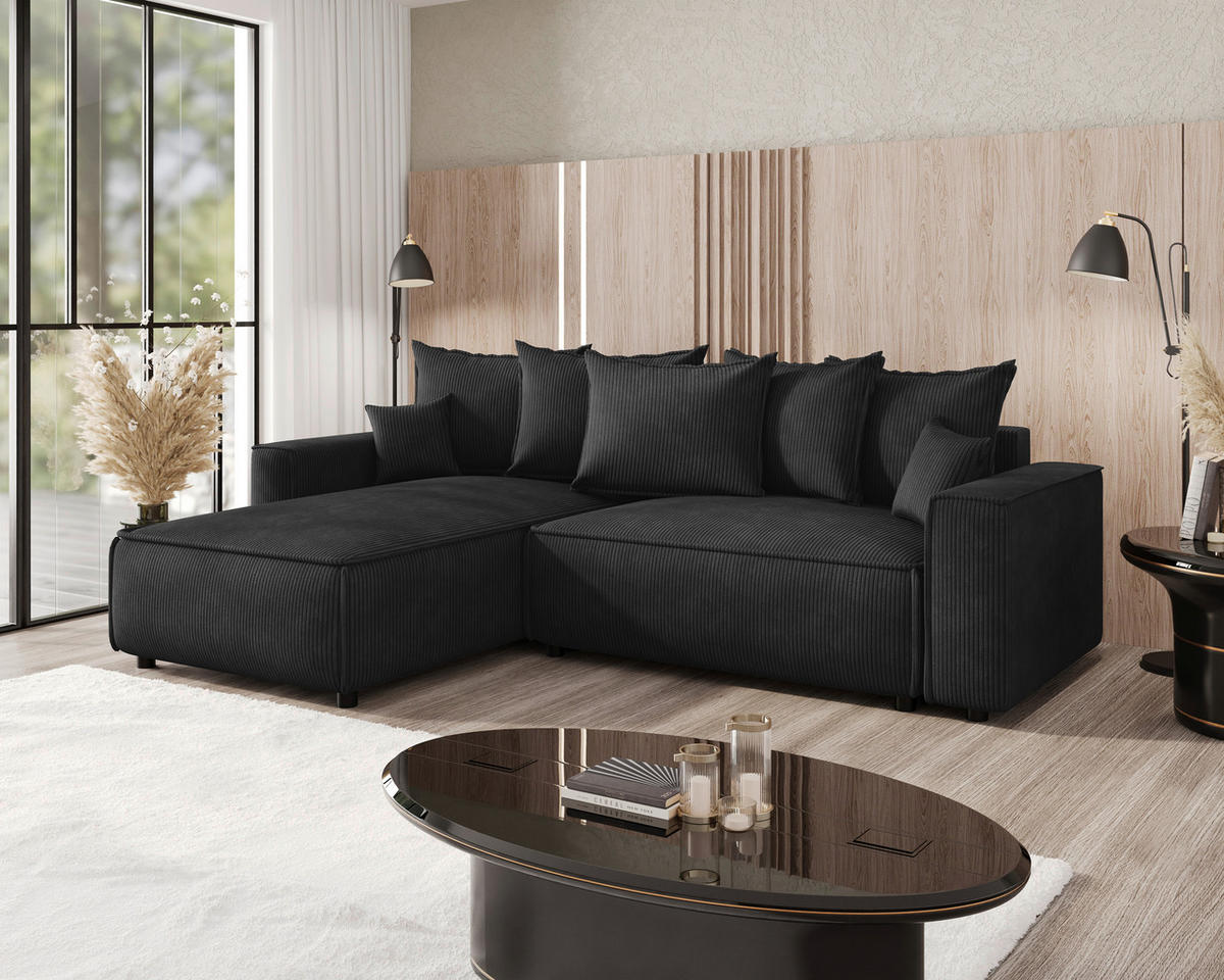 ECKSOFA Anthrazit Cord Zierkissen, Rückenkissen, Bettkasten, Schlaffunktion, Rücken echt, Stauraum, Liegefläche im Originalstoff  - Anthrazit/Schwarz, MODERN, Kunststoff/Textil (190/280cm) - Xora