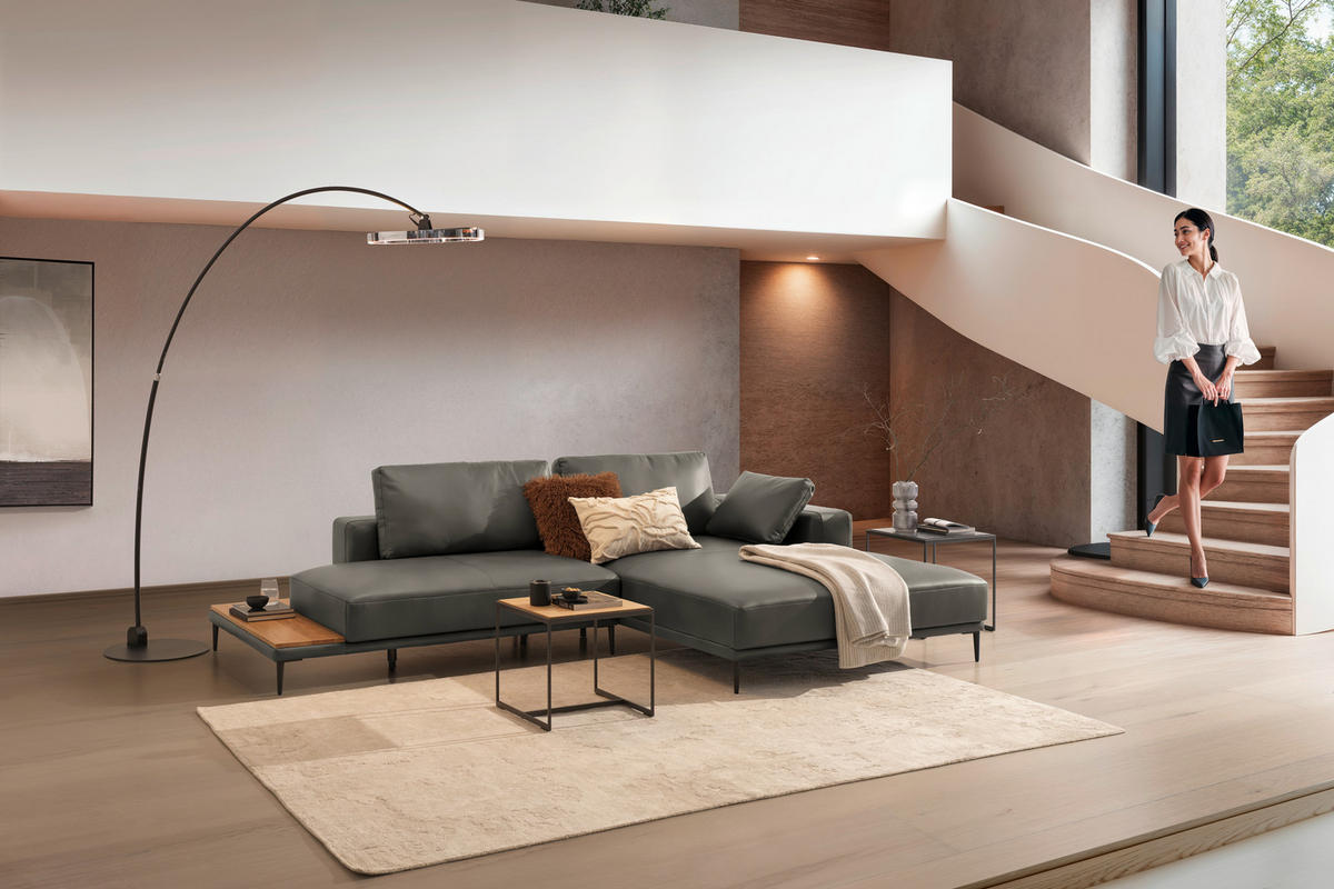 ECKSOFA  in Echtleder Grau  304/201 cm  - Schwarz/Grau, Design, Leder/Metall (304/201cm) - Belluti