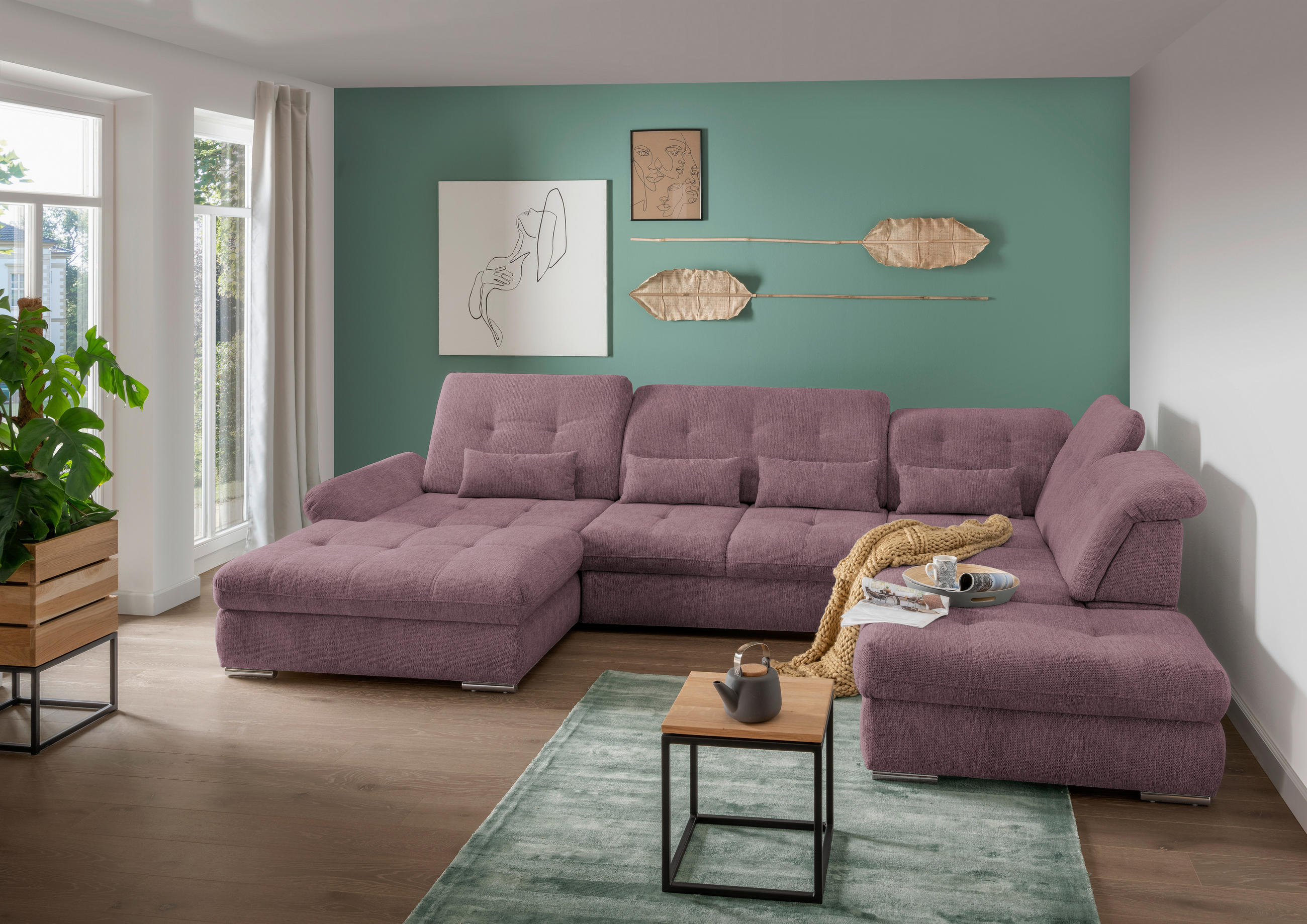 WOHNLANDSCHAFT in Chenille Brombeere - Chromfarben/Brombeere, Design, Textil/Metall (195/376/254cm) - Livetastic