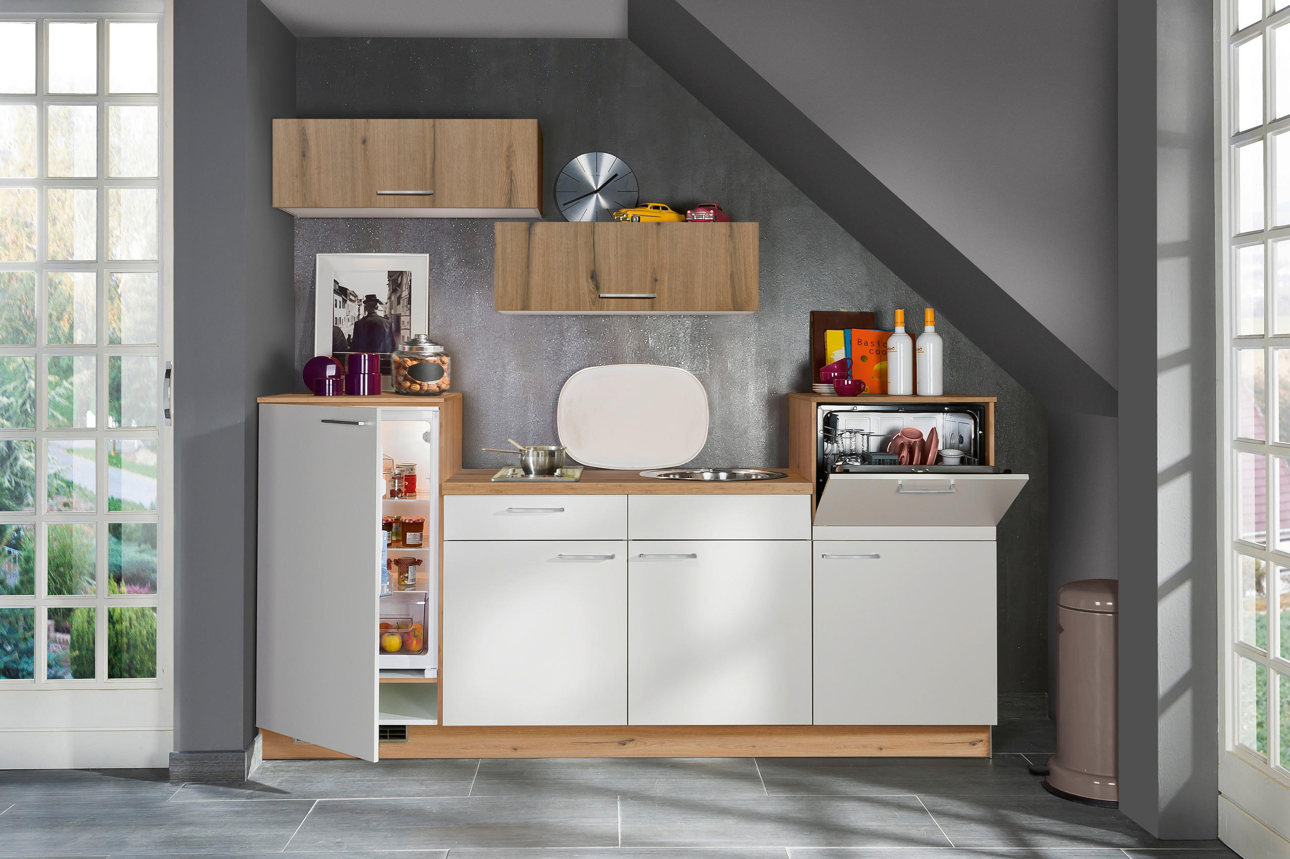 KÜCHENBLOCK 240 cm   in Weiß, Wildeiche  - Wildeiche/Edelstahlfarben, KONVENTIONELL, Holzwerkstoff/Metall (240cm) - Welnova